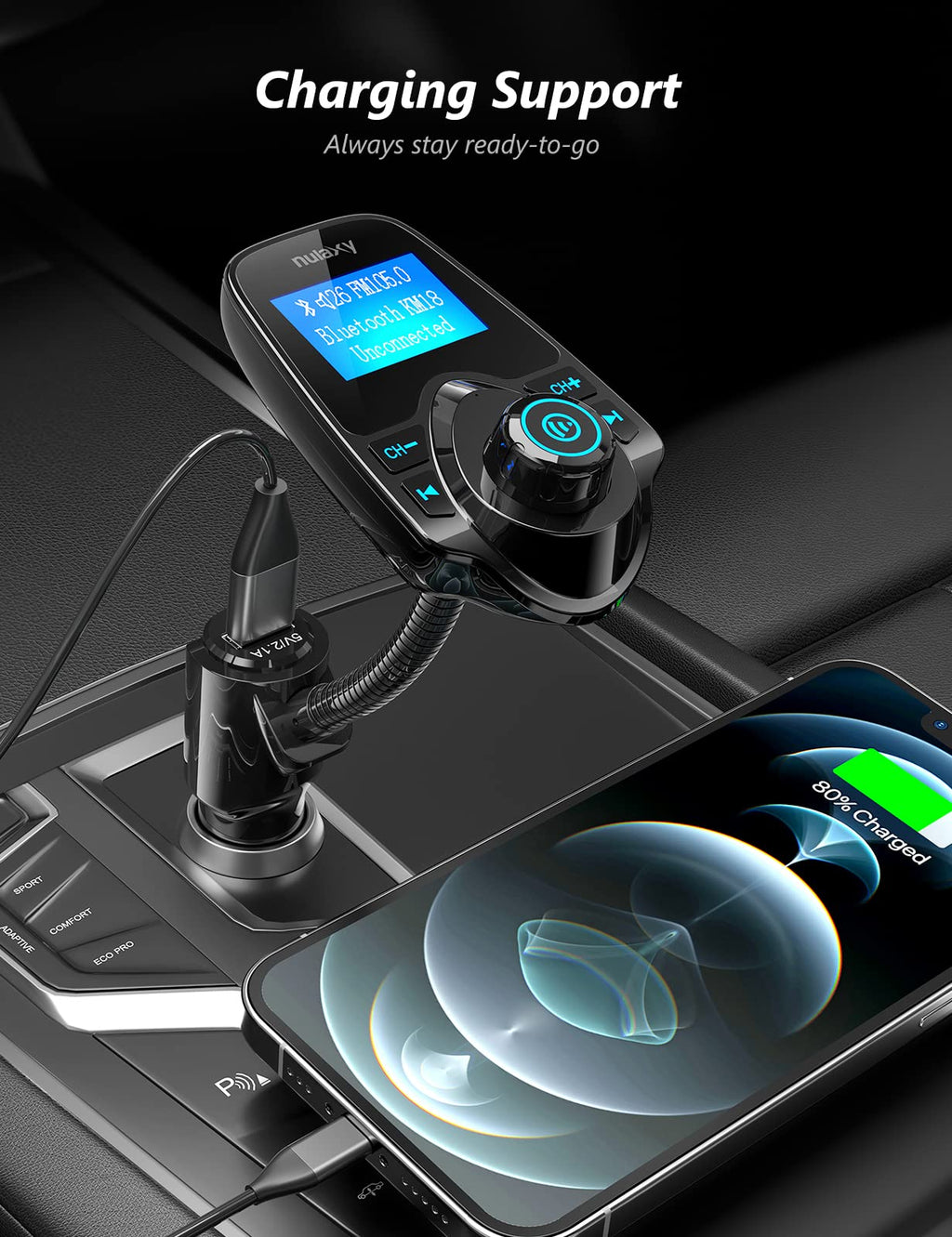 Nulaxy KM18 Bluetooth 5.4 Car Adapter with 1.44" Clear Display & Flexible Gooseneck - FM Radio Transmitter & Bluetooth Receiver for Hands-Free Calls, Wireless Music via BT/FM/AUX/TF, USB Car Charger