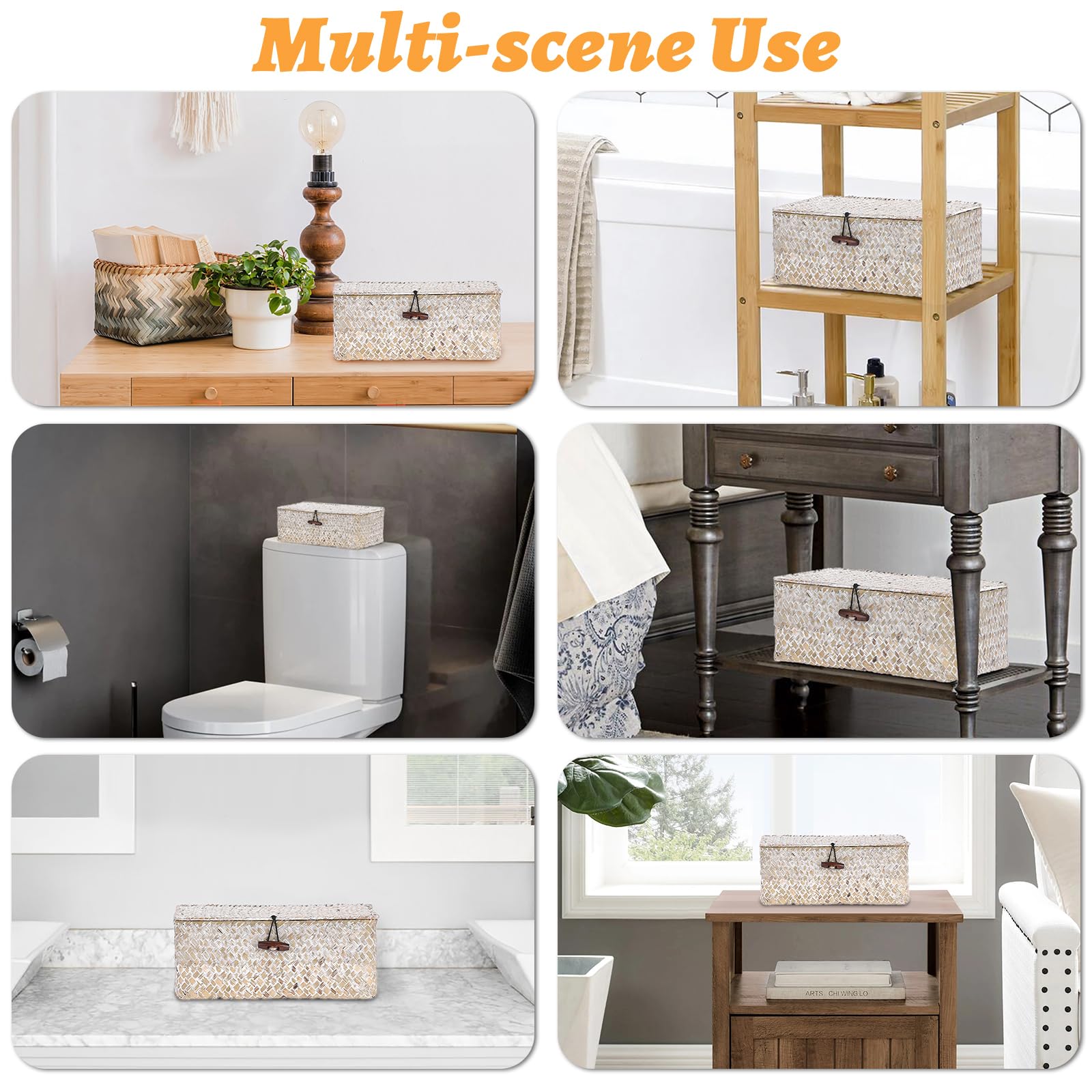 Sumnacon Wicker Basket with Lid Rectangle Woven Baskets for Toiletries Tampon Storage,Wicker Storage Basket with Lid,Decorative Seagrass Storage Baskets for Shelf Bathroom Toilet Table, Caramel