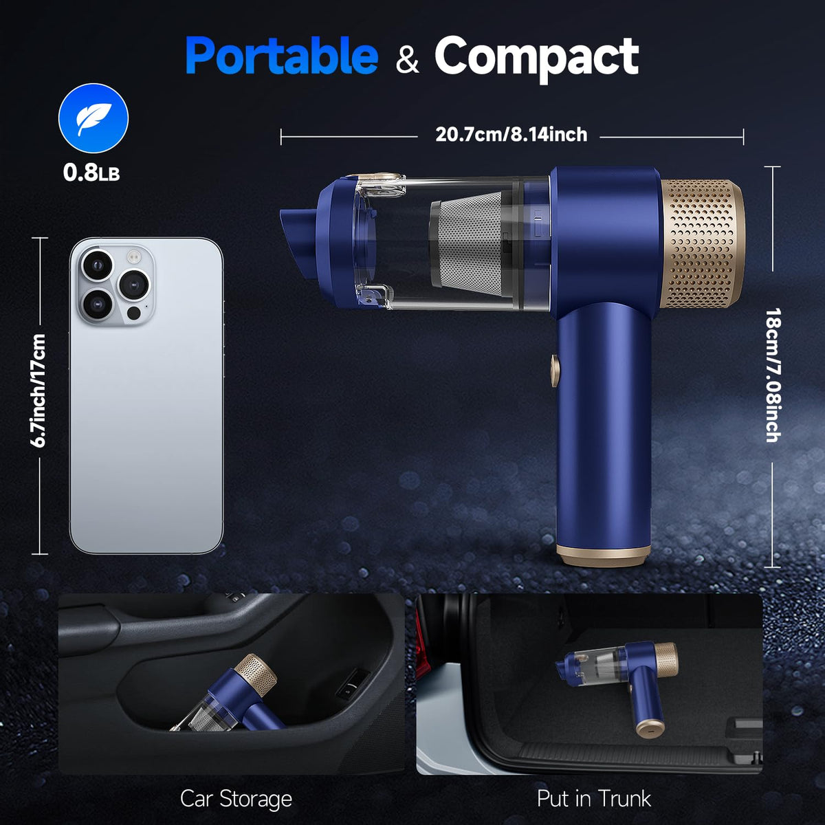 Vizeusvac Car Vacuum Cleaner, 16000PA Mini Car Vacuum Cordless Powerful, 7 in 1 Portable Handheld Vacuum Cordless with LED Light, Dual Filters, One-Touch Empty for Pet Hair, Home, Office