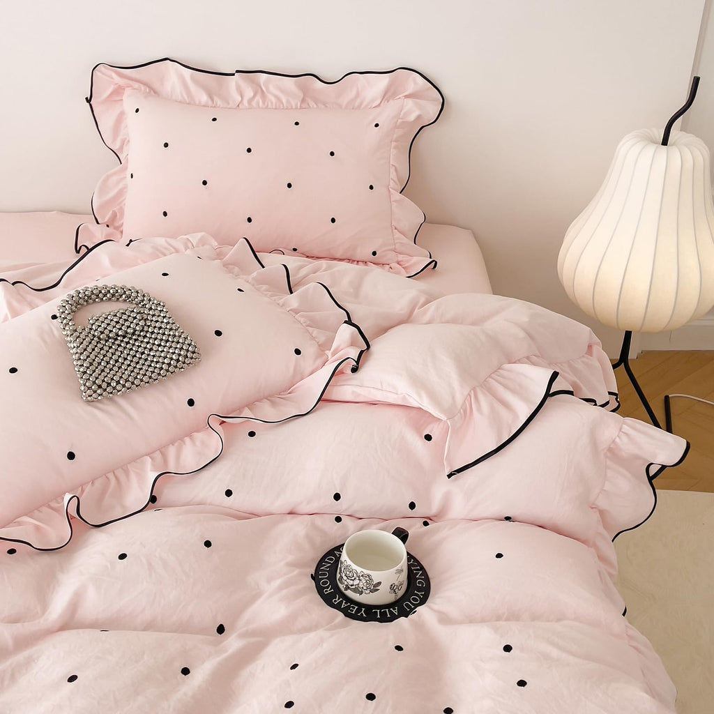 Pink Flower Duvet Cover Twin Chic Floral Print Ruffle Duvet Cover Cotton Lace Comforter Cover Country Style Floral Bedding Set Romantic Ruffle Comforter Cover Flower Bedding Cover with 2 Pillowcases