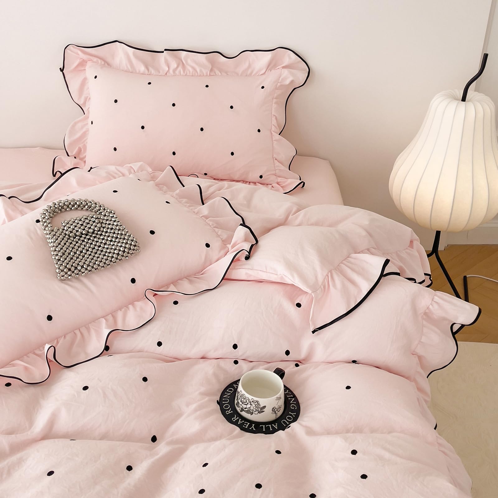 Pink Flower Duvet Cover Twin Chic Floral Print Ruffle Duvet Cover Cotton Lace Comforter Cover Country Style Floral Bedding Set Romantic Ruffle Comforter Cover Flower Bedding Cover with 2 Pillowcases