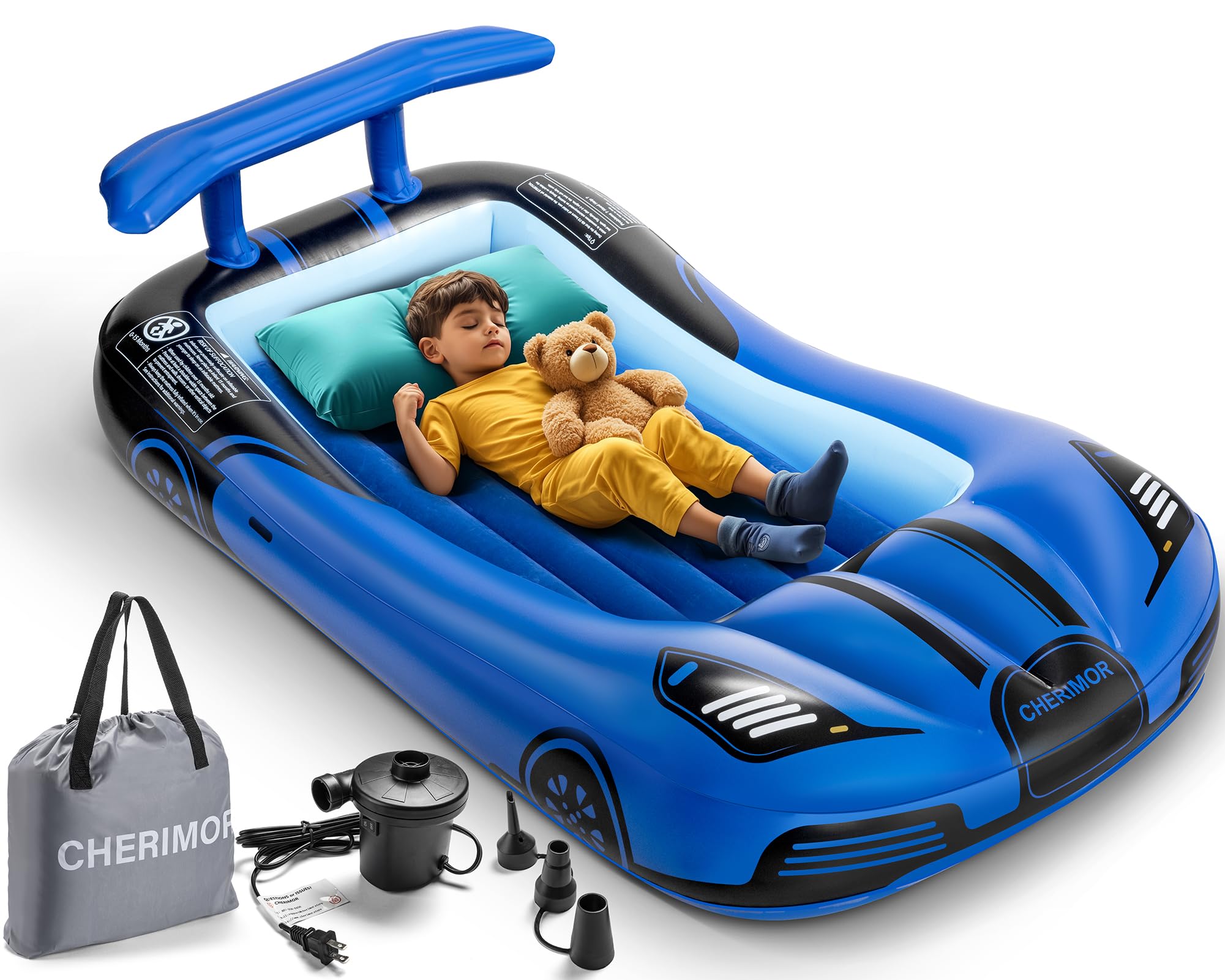 CHERIMOR Inflatable Toddler Travel Bed with Safety Bumpers & 2 Mins Auto Inflation Pump, Portable Toddler Kids Air Mattress with Carry Bag for Home Grandma's Sleepovers Travel Camping, 330lbs Support