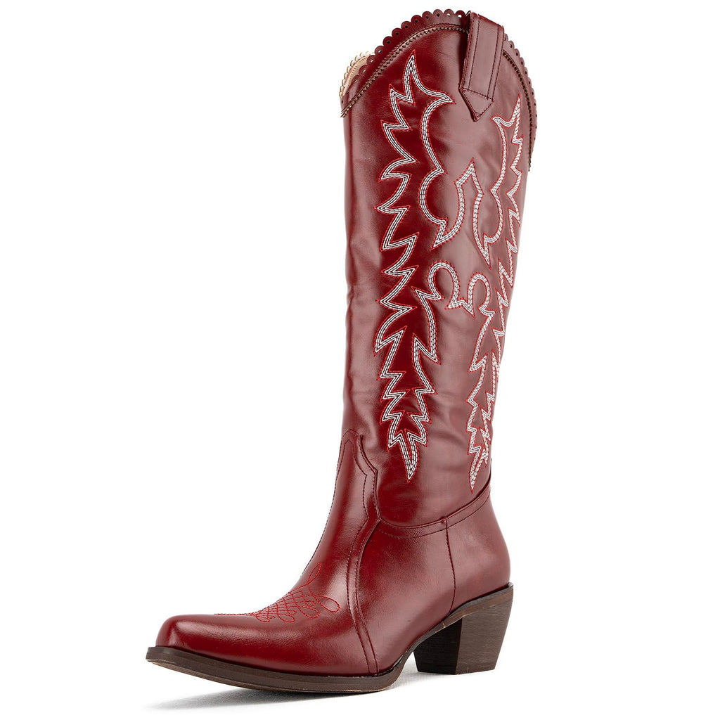 GORBINETI Women Cowboy Boots Mid Calf Cowgirl Western Boots Embroidered Suede Pull On Almond Toe Chunky Heel