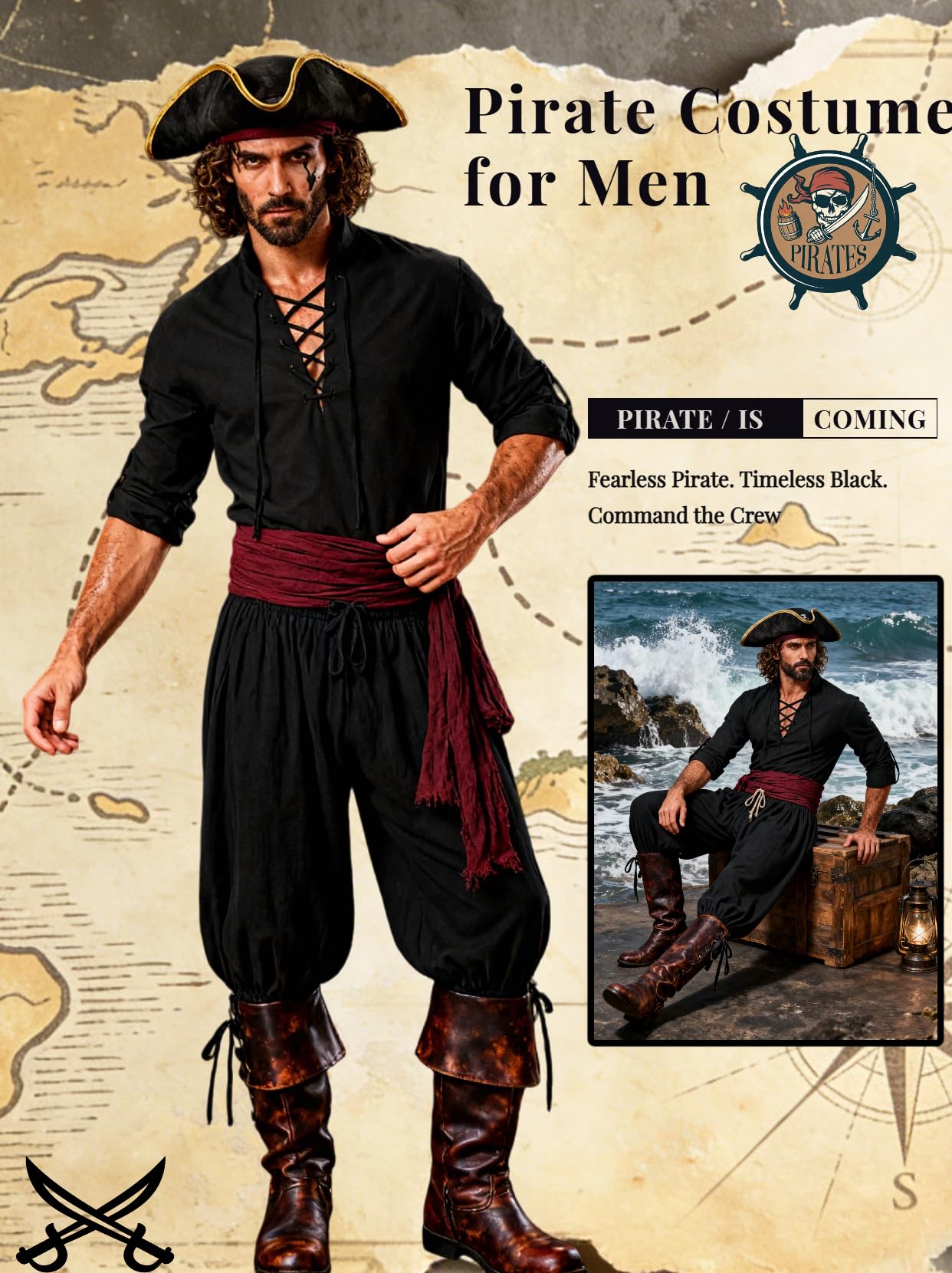 Verceco Mens Pirate Costume Outfit Renaissance Costume Men Medieval Outfit With Pirate Pants Shirts Sash Accessories (Black, Medium)