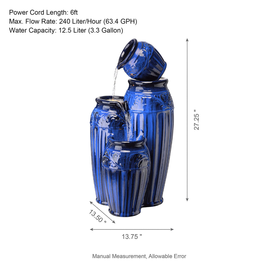 Glitzhome 27.25" H Outdoor Garden Water Fountain with LED Lights and Pump, 4 Tier Cobalt Blue Embossed Pattern Ceramic Pots Cascading Floor Standing Fountain for Porch Deck Patio Backyard Decoration