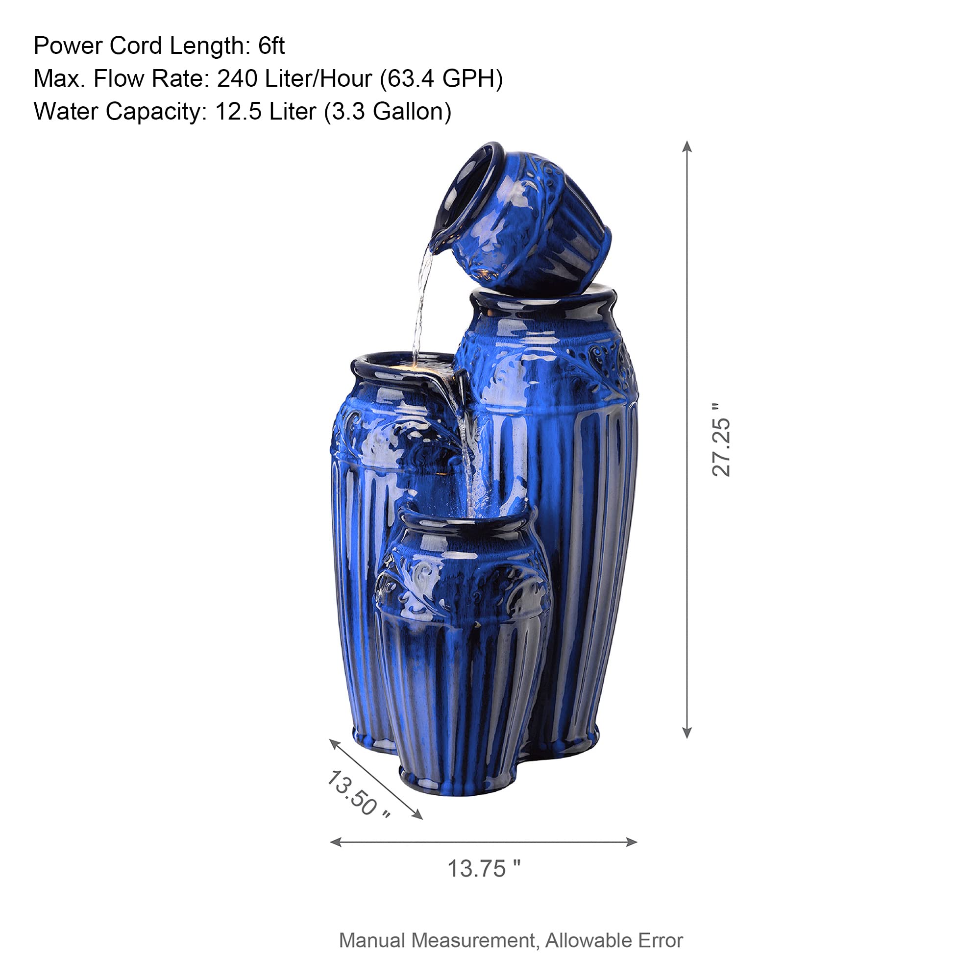 Glitzhome 27.25" H Outdoor Garden Water Fountain with LED Lights and Pump, 4 Tier Cobalt Blue Embossed Pattern Ceramic Pots Cascading Floor Standing Fountain for Porch Deck Patio Backyard Decoration