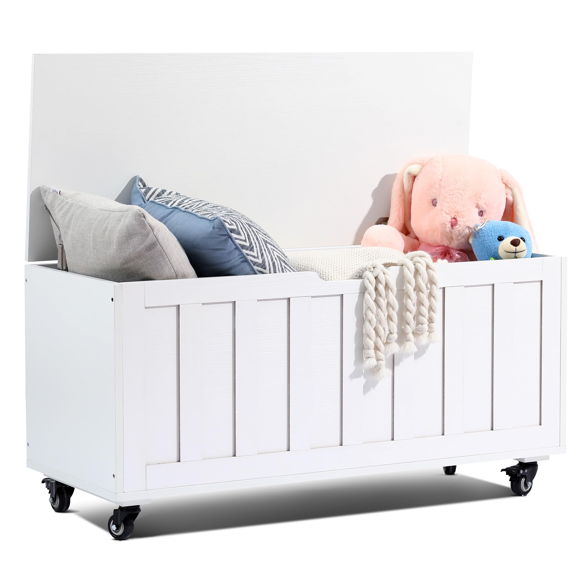 HYZ Storage Chest, 39.4'' Wooden Storage Bench with 4 Wheels & 2 Safety Hinges, Retro Toy Box Support 300 lbs for Bedroom, Living Room, Easy Assembly, Rustic Brown