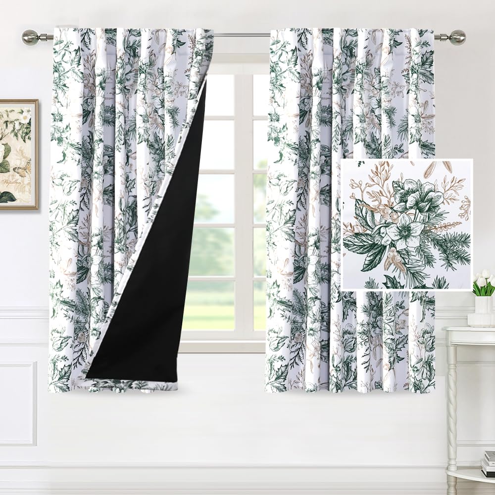 H.VERSAILTEX Blackout Curtains 63 Inch Length 2 Panels Set Floral Print Curtain Drapes for Living Room Thermal Insulated Grommet Window Curtains for Bedroom - Traditional Floral in Antique Green