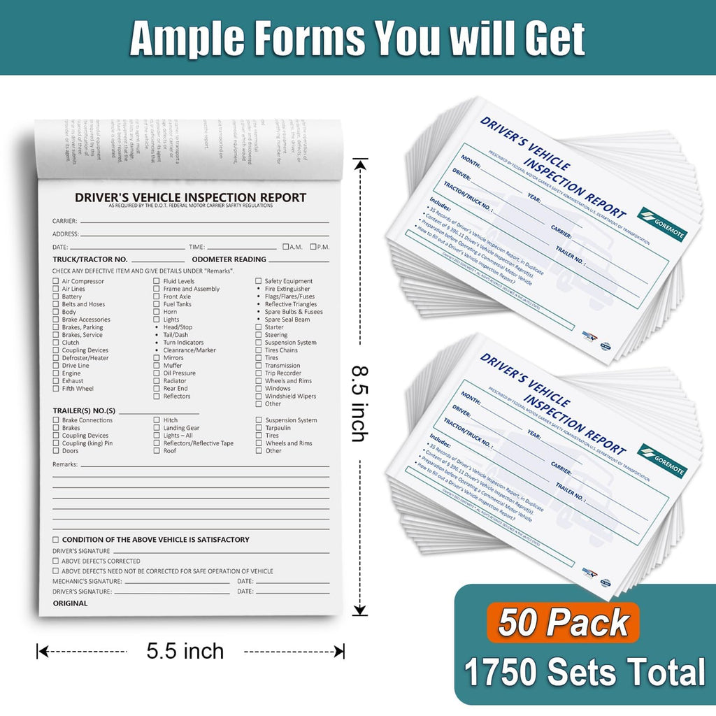 Detailed Driver's Vehicle Inspection Report, Daily Pre Trip Inspection Book for Trucker, 2-Ply Carbonless, 35 Sets of Forms per DVIR Log Book for Truck Drivers, 8.5" x 5.5", 1 Pack