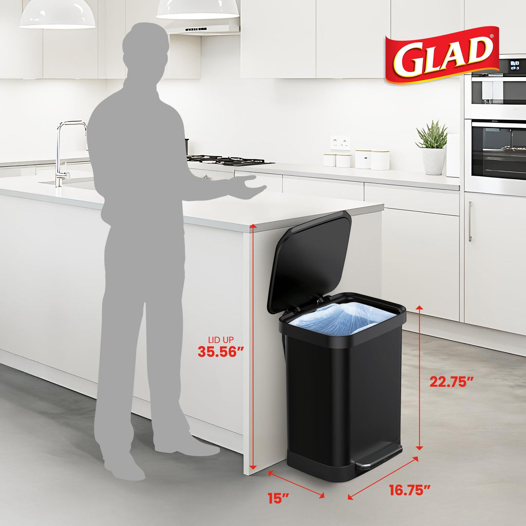 Glad 13 Gallon All Brushed Stainless Steel Trash Can with Clorox Odor Protection | Large Metal Kitchen Garbage Bin with Soft Close Lid, Garbage Bag Rings, Step On Foot Pedal and Waste Bag Roll Holder