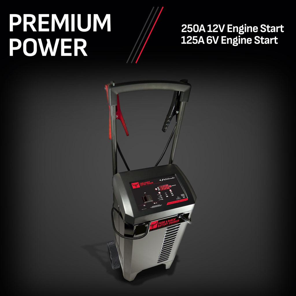 Schumacher Electric Farm & Ranch Wheeled Automatic 6A Car Battery Charger and 250A Engine Starter, 4-in-1 Solution, Maintainer, 50A Boost, for 6V/12V Automotive and Marine Batteries, FR01336