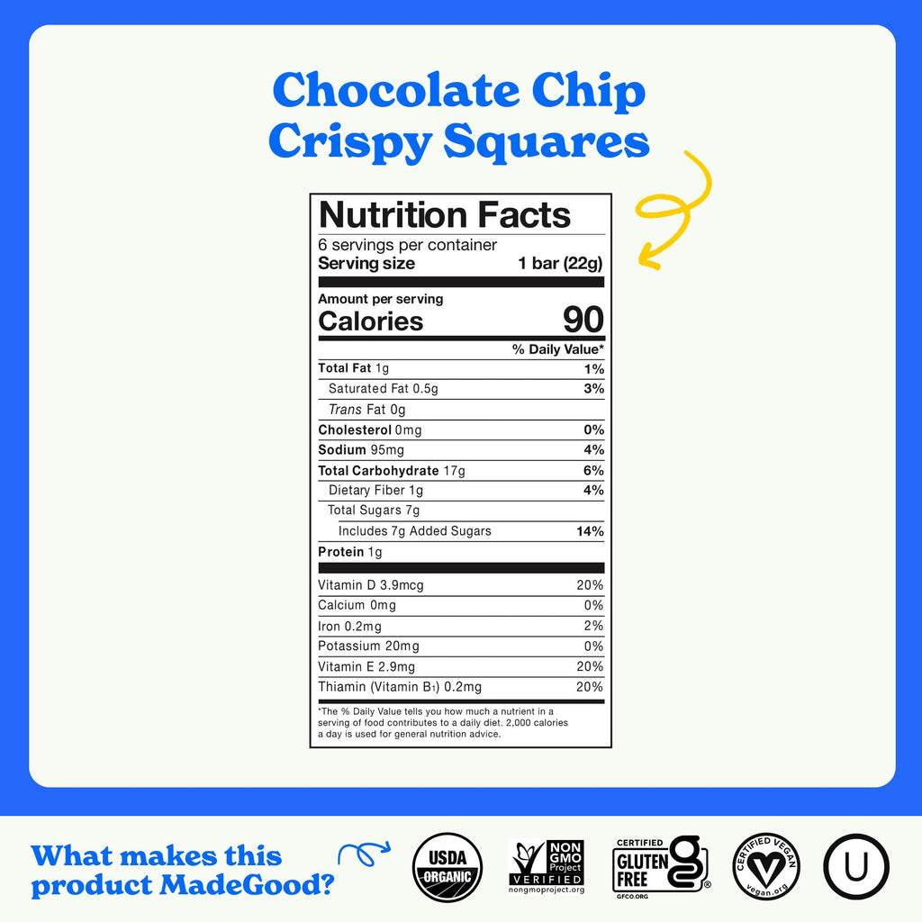 MadeGood Crispy Squares, Chocolate Chip (36 Count) Gluten Free Snacks