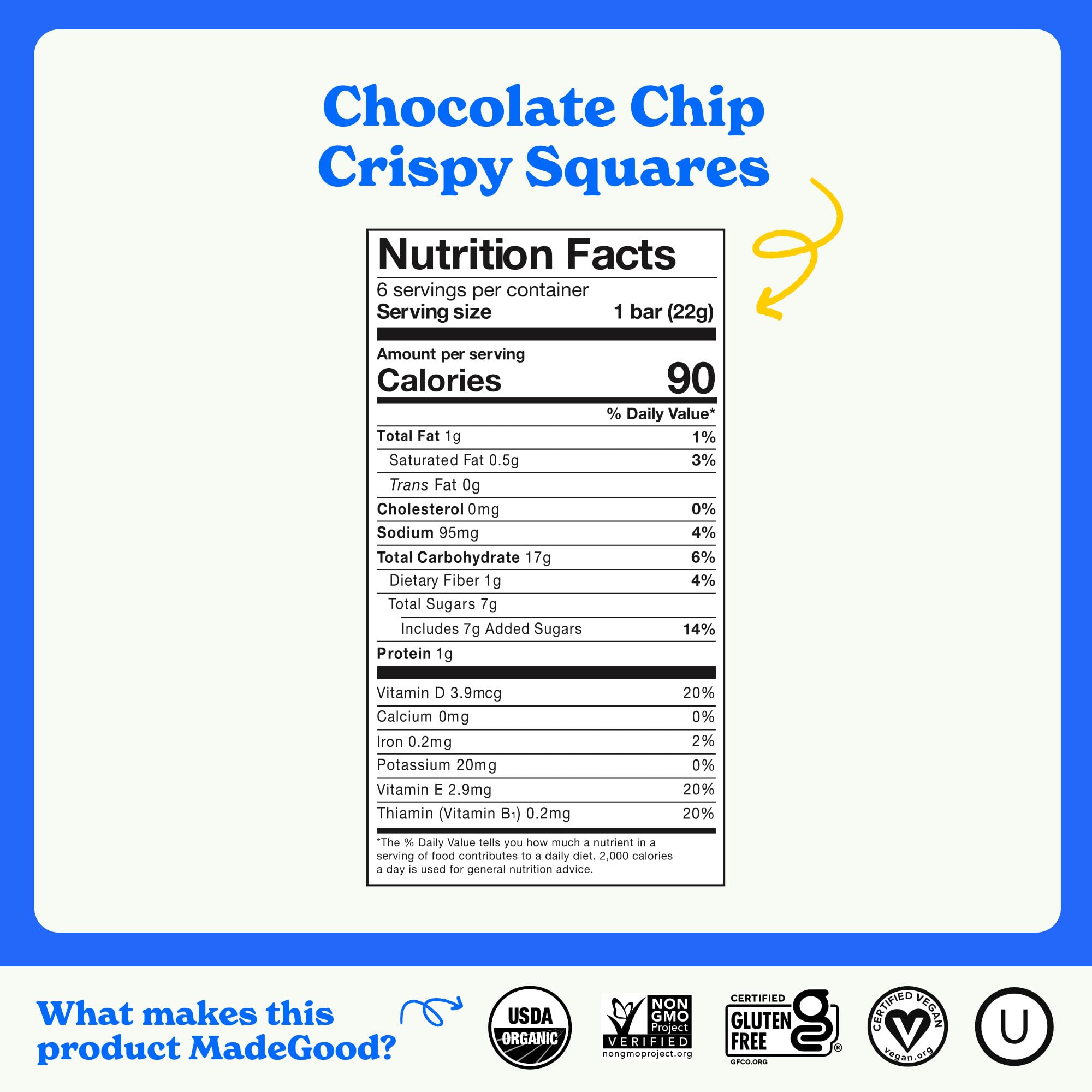 MadeGood Crispy Squares, Chocolate Chip (36 Count) Gluten Free Snacks