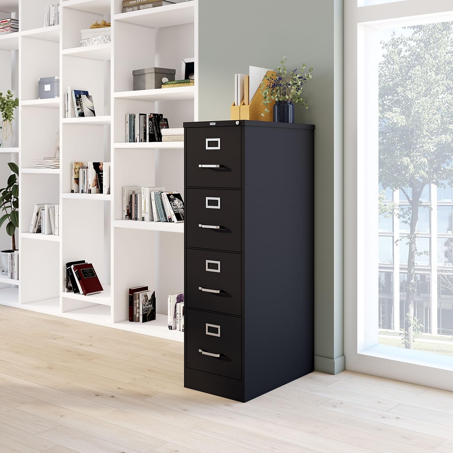 Staples 4-Drawer Vertical File Cabinet, Letter Size Documents, Lockable, 25" D x 15" W x 51.97" H, Black