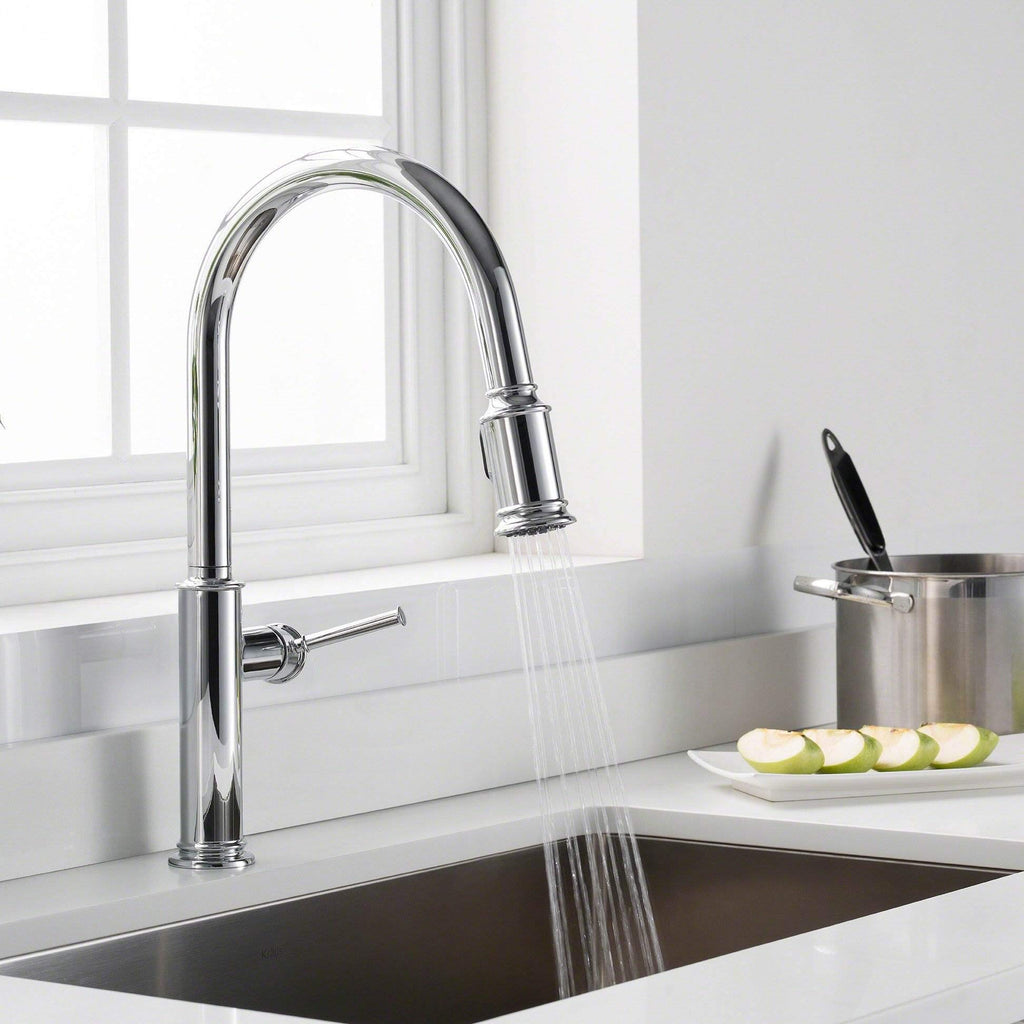 KRAUS Allyn Transitional Bridge Kitchen Faucet with Pull-Down Sprayhead in Brushed Gold, KPF-3121BG