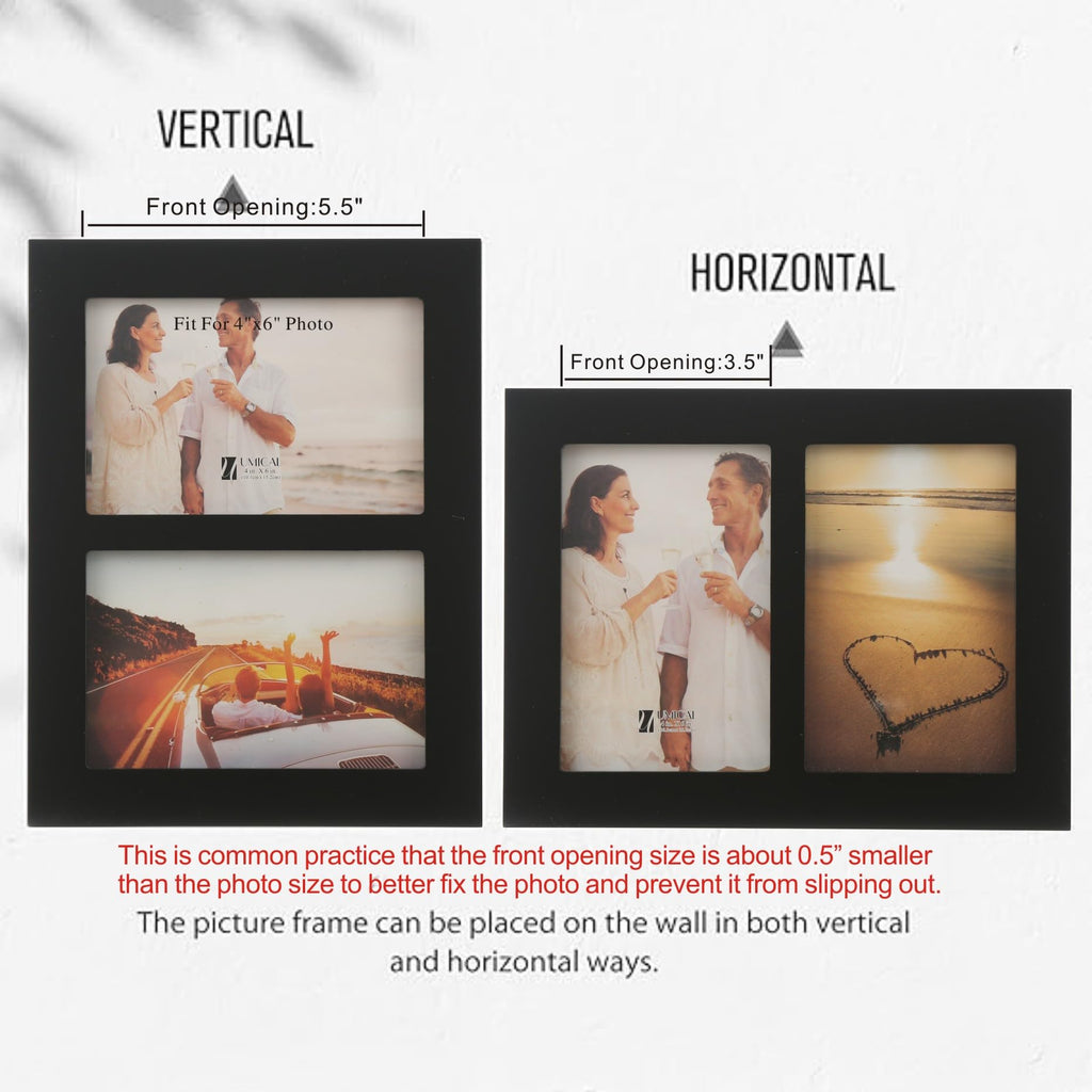 4x6 2-Opening Collage Frame Black Wood | Two 4x6 openings, shatter-resistant glass, tabletop & wall mount