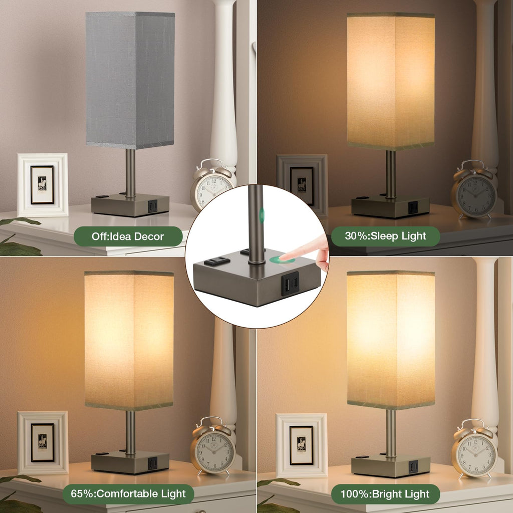 aooshine Set of 2 Touch Nightstand Lamp with USB-C+A Charge Ports& AC Outlets, 3-Way Dimmable Bedside Lamp with White Fabric Shade,Small Table Lamp for Bedroom Guest Room(Bulb Included)