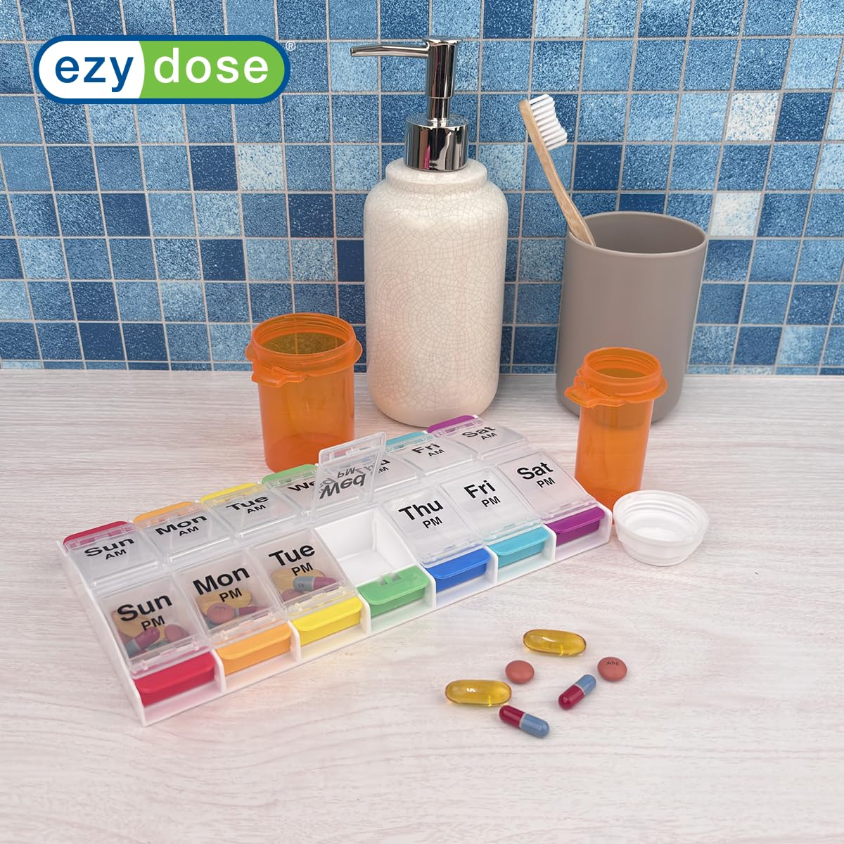EZY DOSE Push Button (7-Day) Pill Case, Medicine Planner, Vitamin Organizer, 2 Times a Day, AM/PM Container, X-Large Compartments, Arthritis Friendly, Easy to Use, Transparent Lids, Black, BPA Free