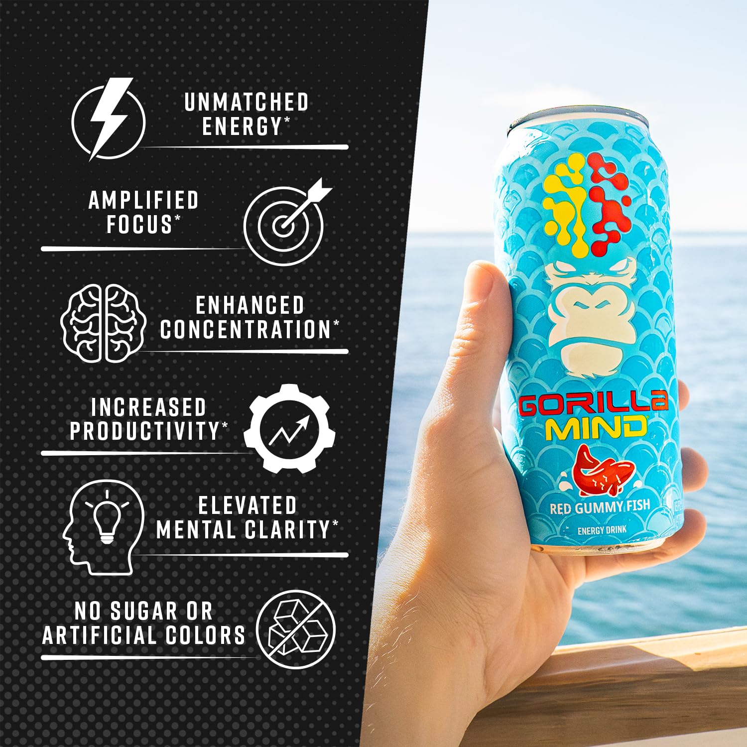 Gorilla Mind Energy Drink | Unmatched Energy · Amplified Focus | N-Acetyl-L-Tyrosine, Alpha-GPC, 200mg Caffeine, Uridine, Saffron | 0 Sugar Or Artificial Colors | 16oz, 12-Pack (Orange Ice Dream)