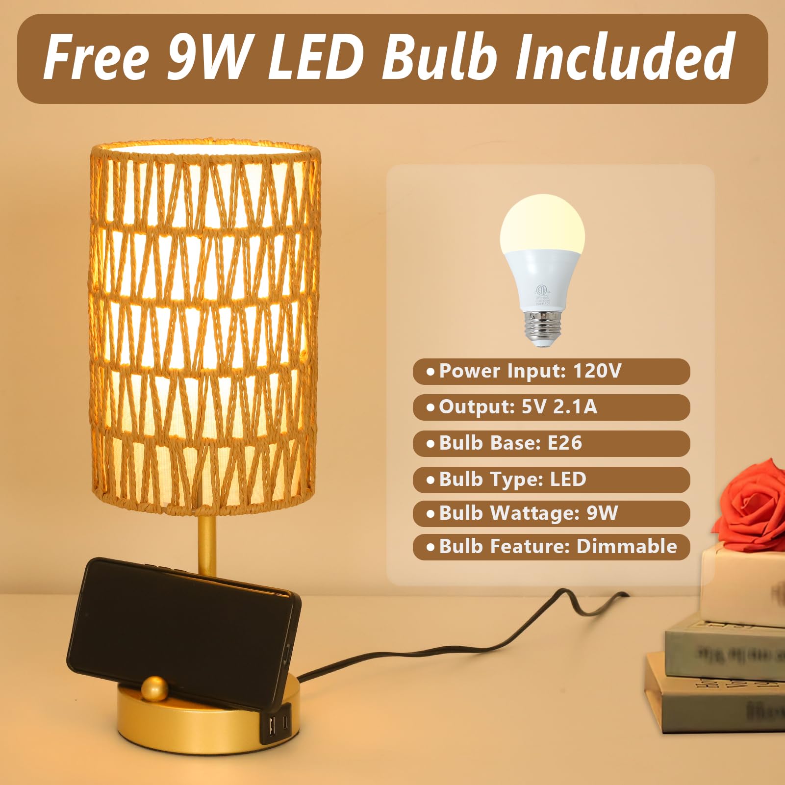 Rattan Bedside Table Lamps Set of 2 - Boho Lamps With 3 Color Temperatures & USB AC Port, Pull Chain Table Lamp For Bedroom, Cute Small Lamp For Nightstand Office Desk Bed Side End Table Living Room