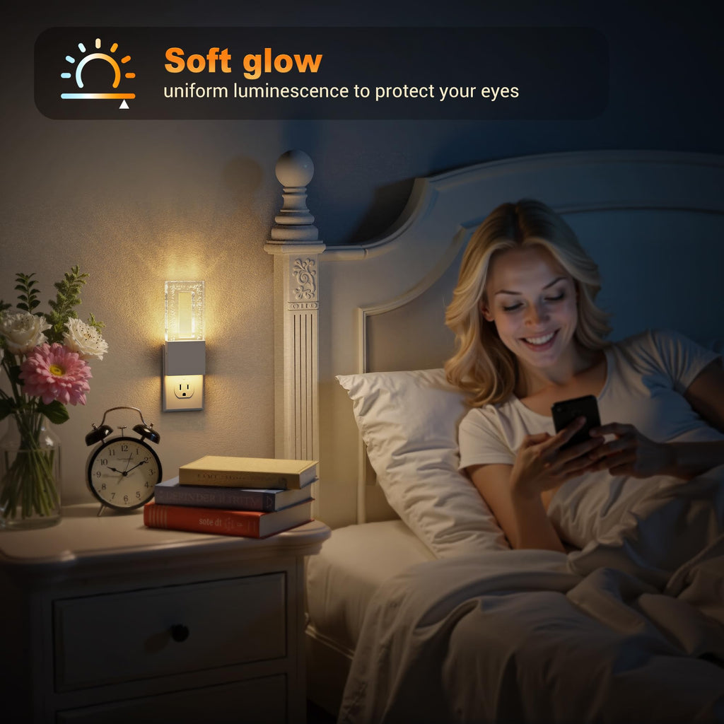 JandCase Night Lights Plug into Wall, Dusk to Dawn Sensor, 3000K Soft White LED, Acrylic Design, 0-100lm Adjustable Brightness, for Bedroom, Bathroom, Living Room, Hallway