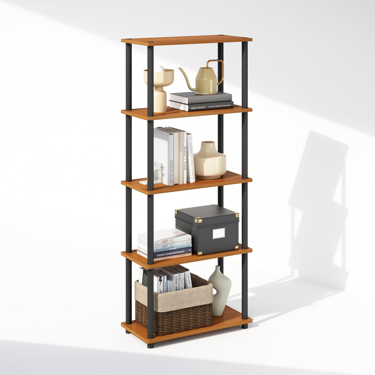 Furinno Turn-N-Tube Book Shelf, 4-Tier Bookshelf, Bookcase with Multipurpose Compact Display Rack, 11.6 x 23.6 x 43.2, for Living Room, Bedroom, Home Office, Americano/Black