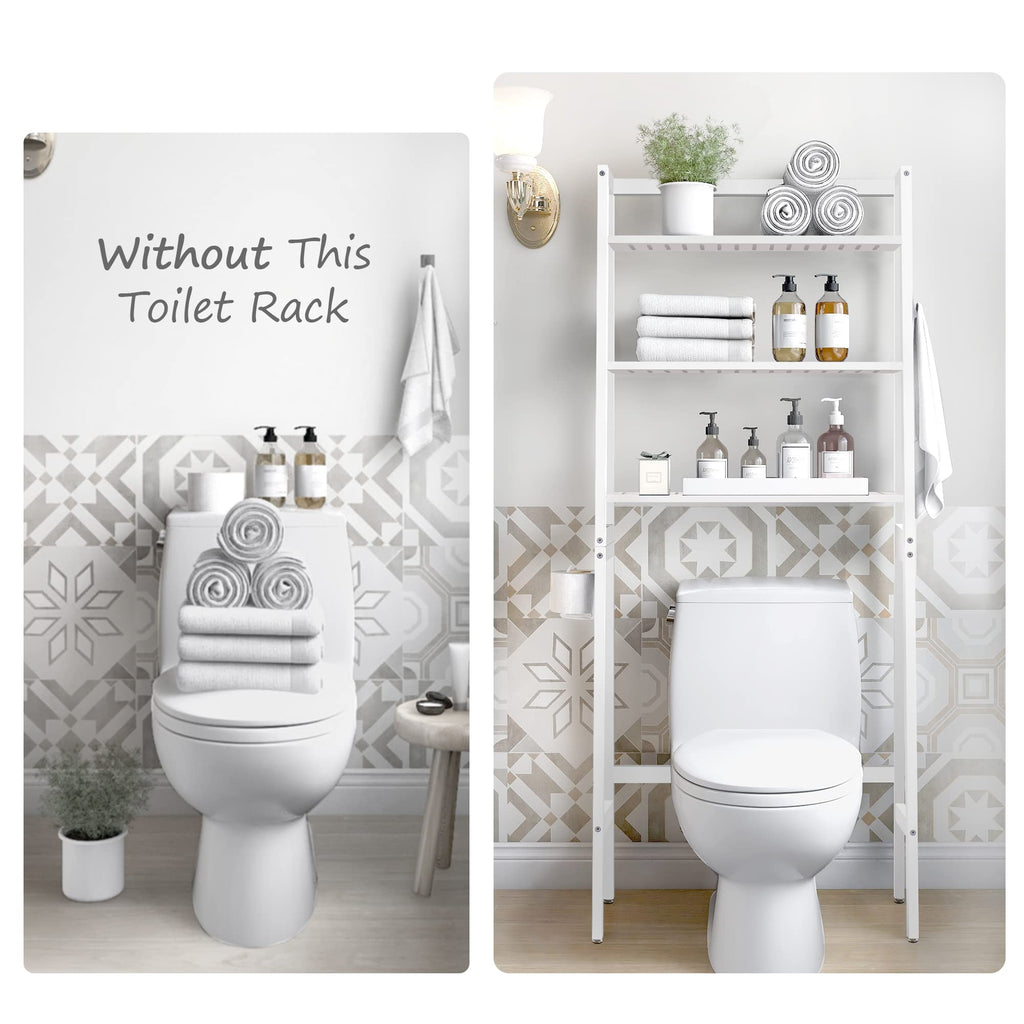 MallKing Over The Toilet Bathroom Organizer, Wooden 3-Tier Over-The-Toilet Storage Rack Bathroom Space Saver Organizer, Freestanding Above Toilet with Toilet Paper Holder and Hooks (Black)