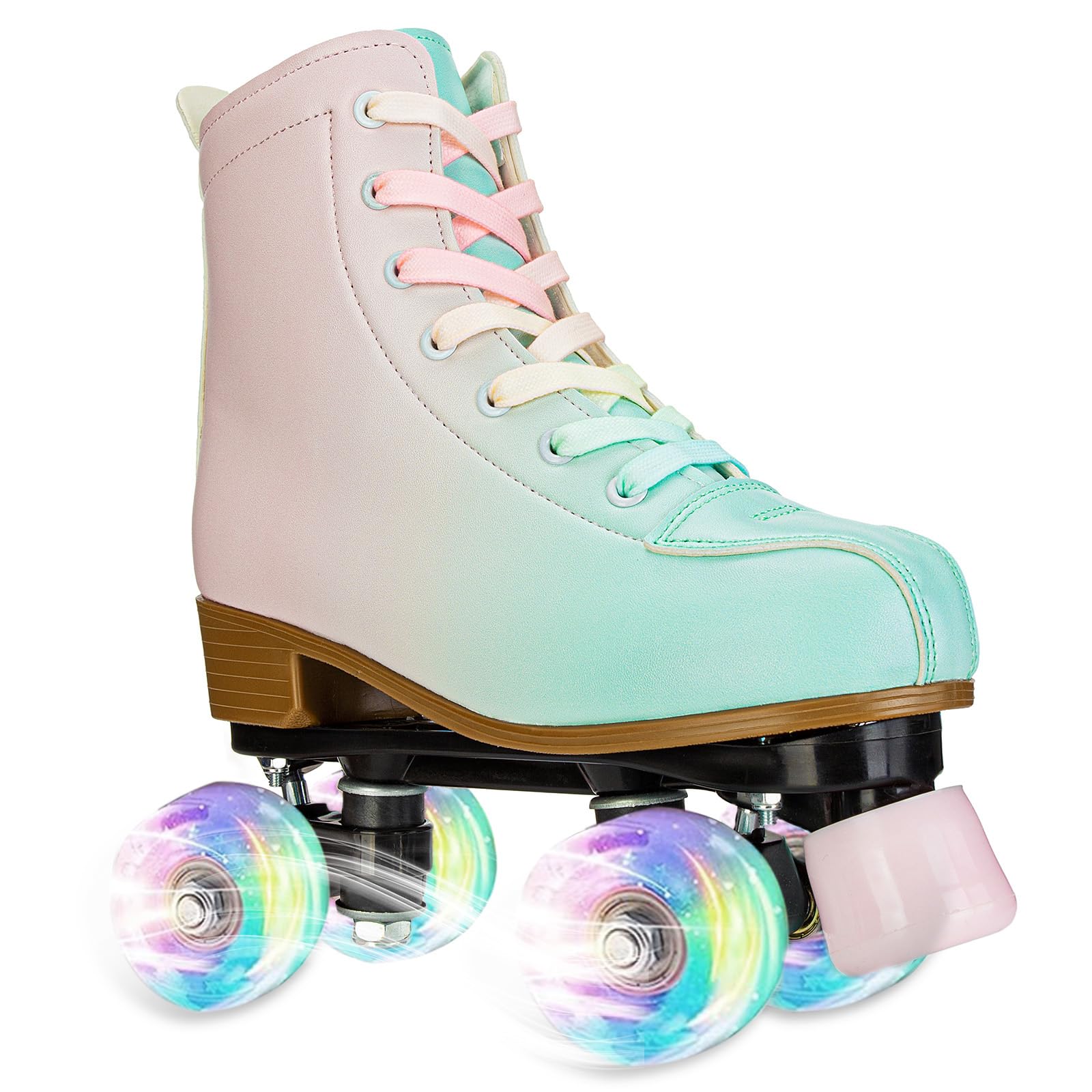 YYW Roller Skates for Girls and Women, Fantastic Gradient Pink and Green PU Leather Light Up Kids Youth Roller Skates, Indoor Outdoor