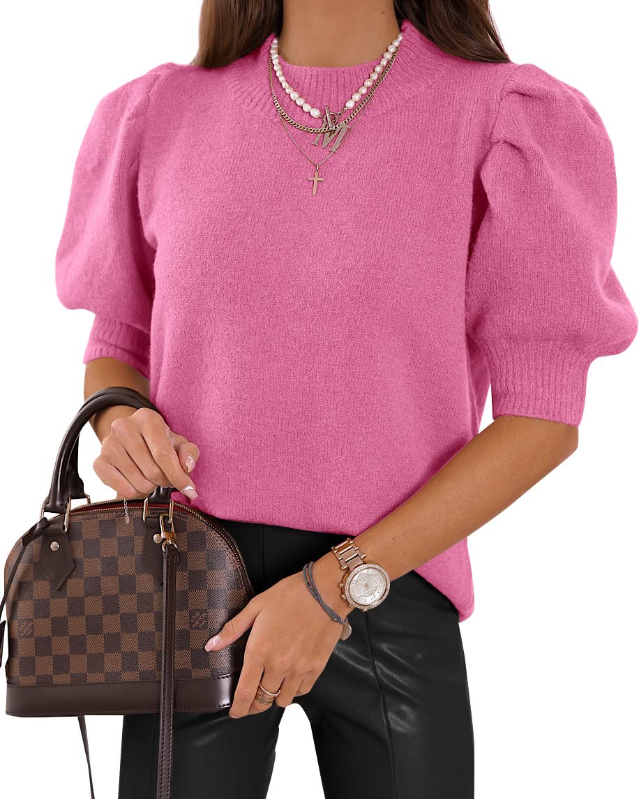 Women's Puff Short Sleeve Sweater Tops 2025 Summer Fall Trendy Knit Crew Neck Casual T Shirts Blouses