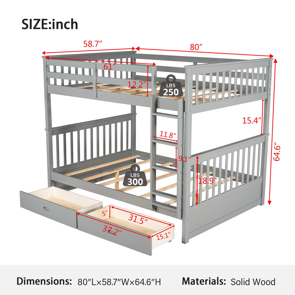 Merax Wood Bunk Bed with Two Drawers,Convertible Wood Bunk Bed with Ladders and Two Storage Drawers,Solid Wood Detachable Bed Frame with Ladders, Twin Over Full Size, Espresso