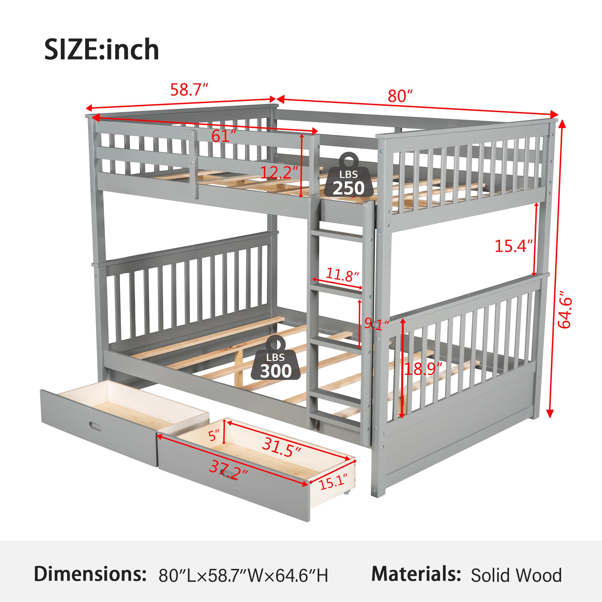 Merax Wood Bunk Bed with Two Drawers,Convertible Wood Bunk Bed with Ladders and Two Storage Drawers,Solid Wood Detachable Bed Frame with Ladders, Twin Over Full Size, Espresso