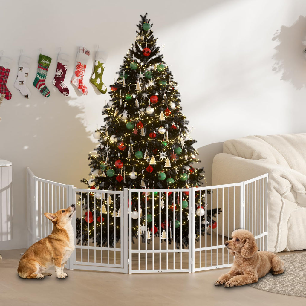 SNUOWU Full Metal Freestanding Dog Gate with Door, 24'' Height Foldable Pet Dog Fence for Indoor & Outdoor, 2 Panels Extra Wide Free Standing SmallDog Gates for Doorways,House,Stairs,Porch,Deck,Yard