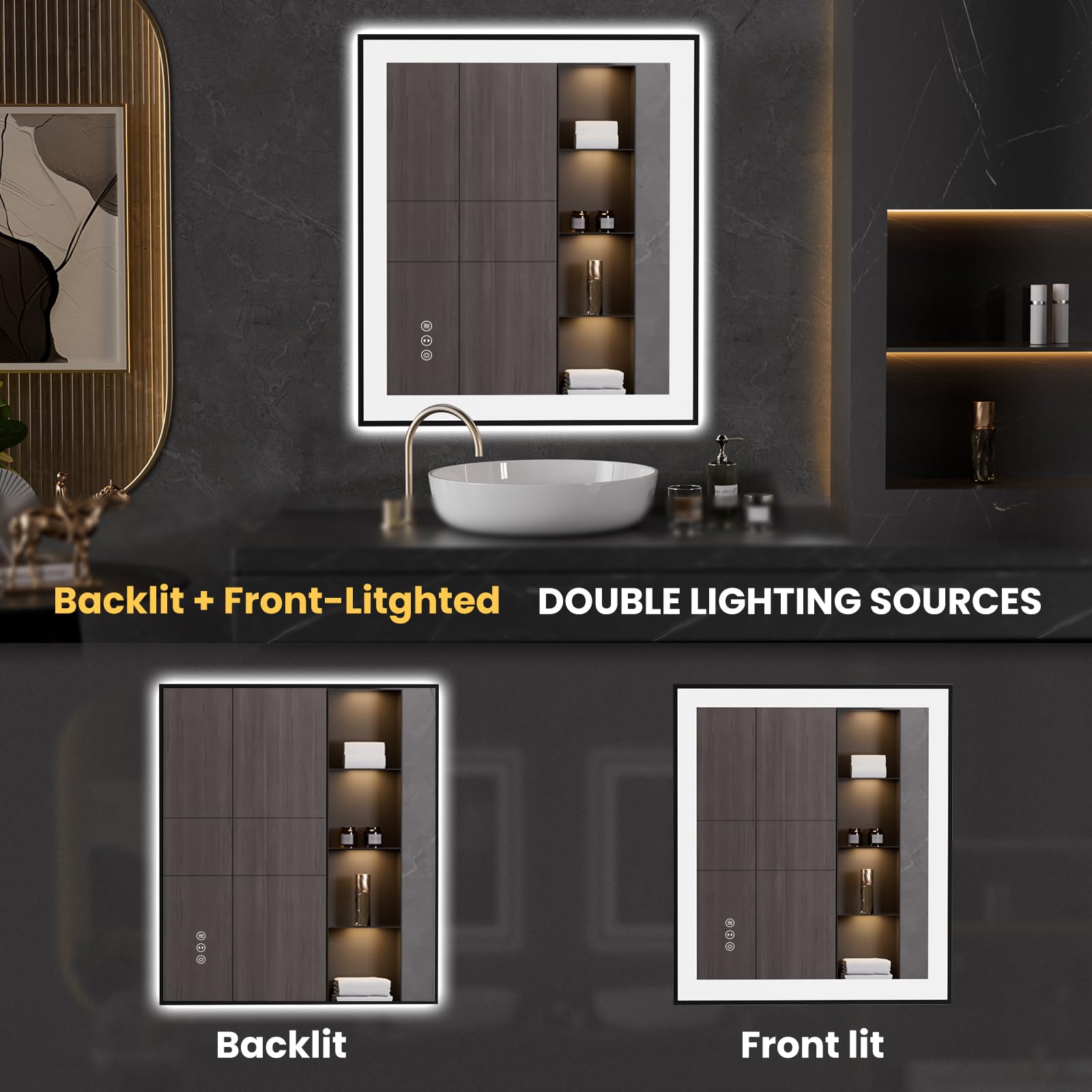 LOAAO 20"X28" LED Bathroom Mirror Black Framed | Anti-Fog, Dimmable, Memory Function, Tempered Glass, Lighted Vanity Mirror for Wall