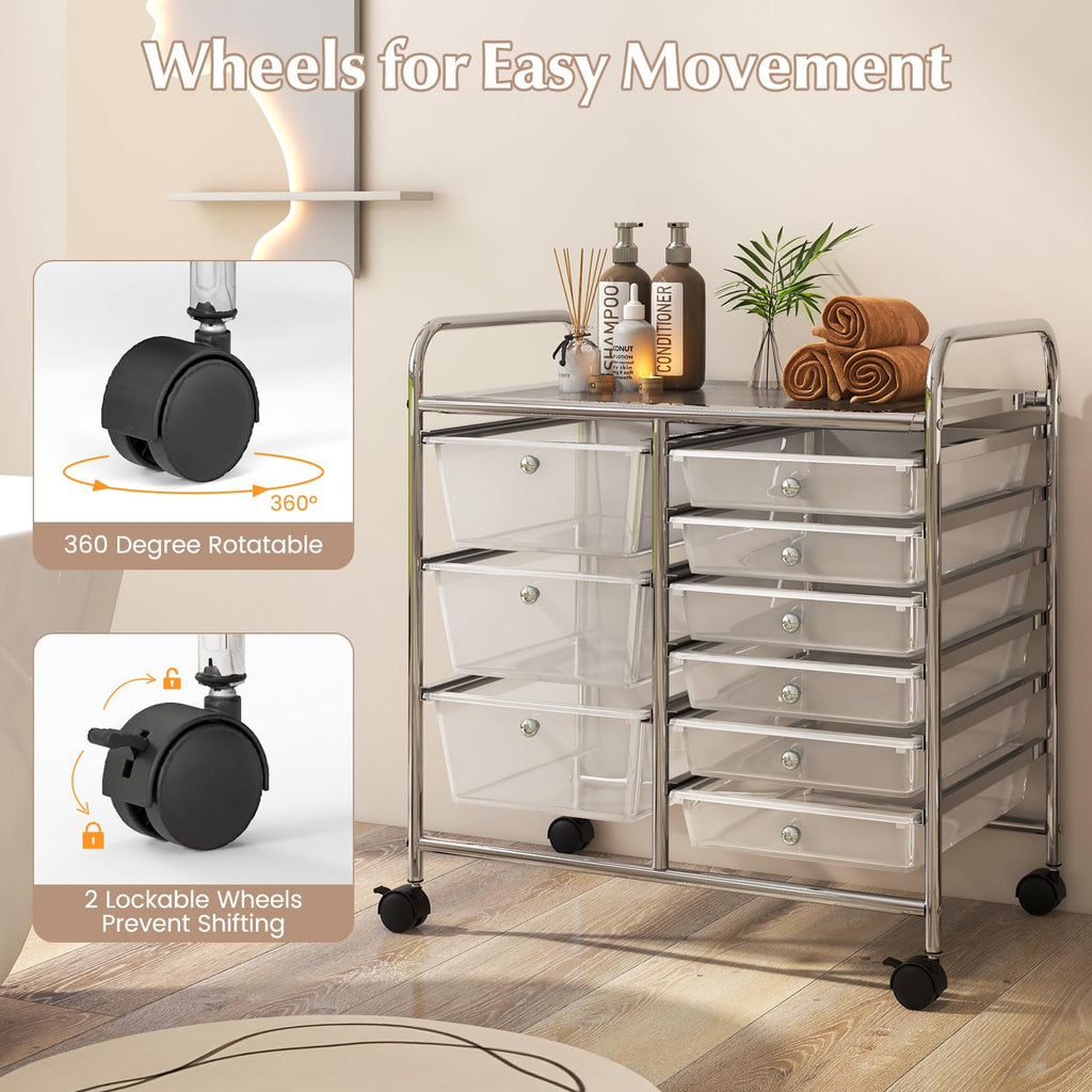 LDAILY 9 Drawer Rolling Storage Cart, Rolling Cart with Drawers for Classroom, Art Supply Craft Organizer on Wheel with Metal Frame & Handles for Home Office School