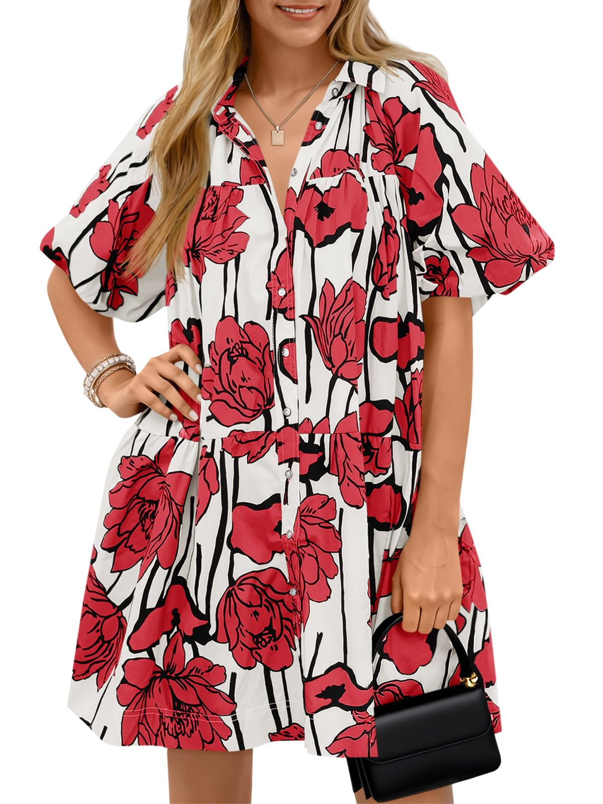 Wenrine Women's Summer Button Down Shirt Dress Floral Puff Short Sleeve Casual Loose Fit Beach Mini Dresses