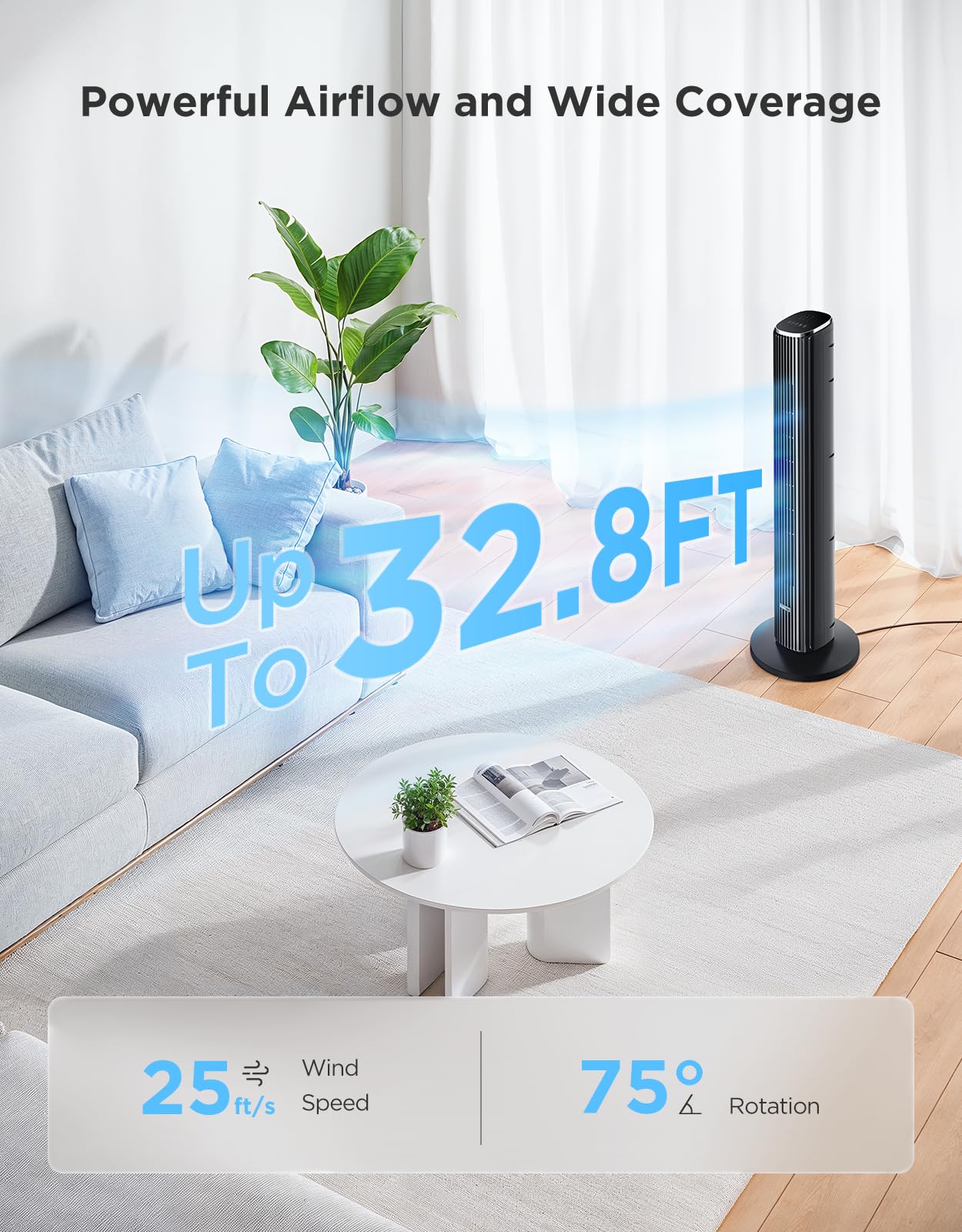 GoveeLife White Tower Fan for Bedroom, 36" Smart Floor Fan with App/Voice Control, Temperature Sensor, 5 Modes 8 Speeds(25ft/s), 29dB Quiet Oscillating Fan for Office, 24H Timer, Auto Cooling