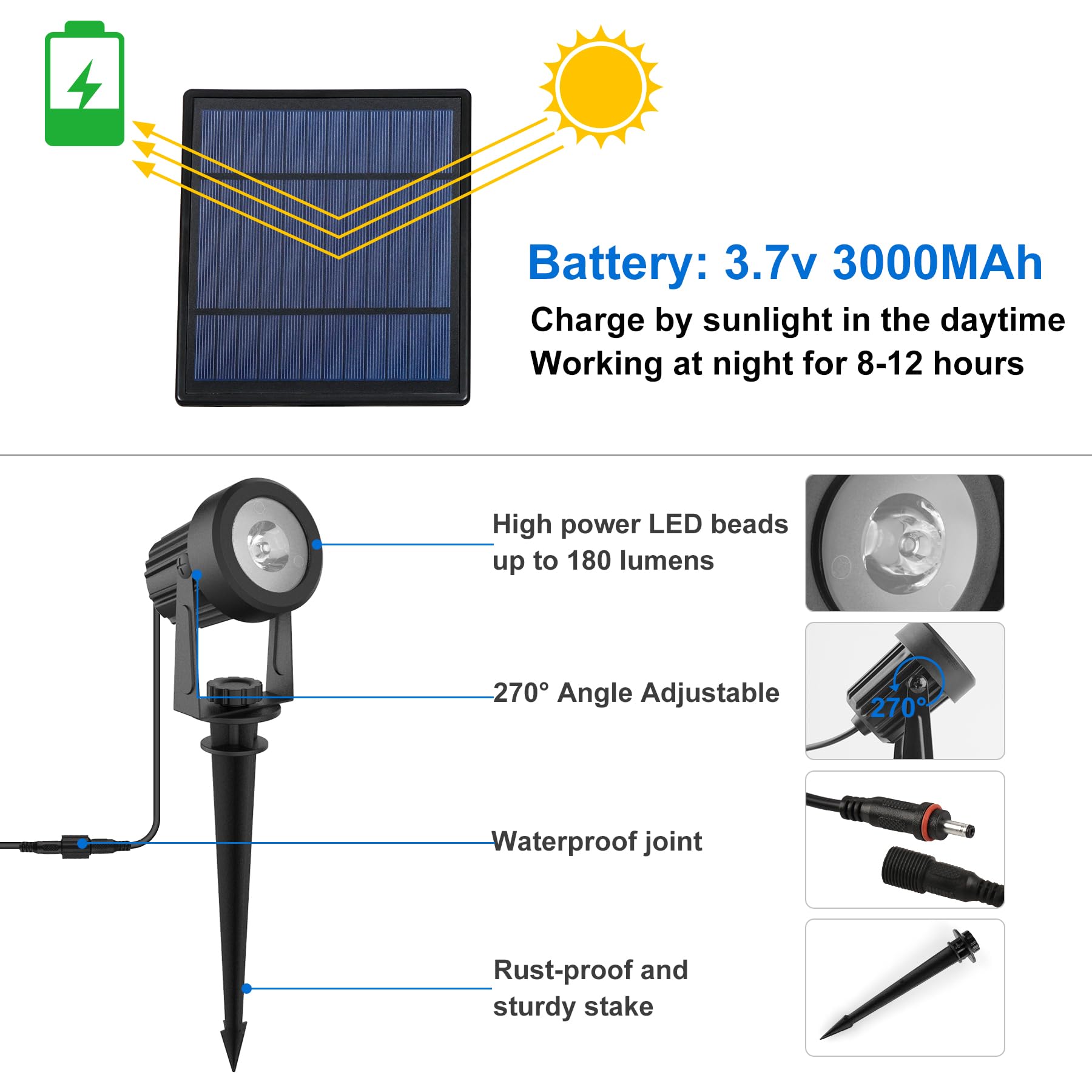 Solar Spot Lights Outdoor, Solar Landscape Spotlights IP65 Waterproof 9.8ft Cable,Auto On/Off Outdoor Wall Lights for Garden Yard Driveway Porch Walkway Pool (3000K Warm White)