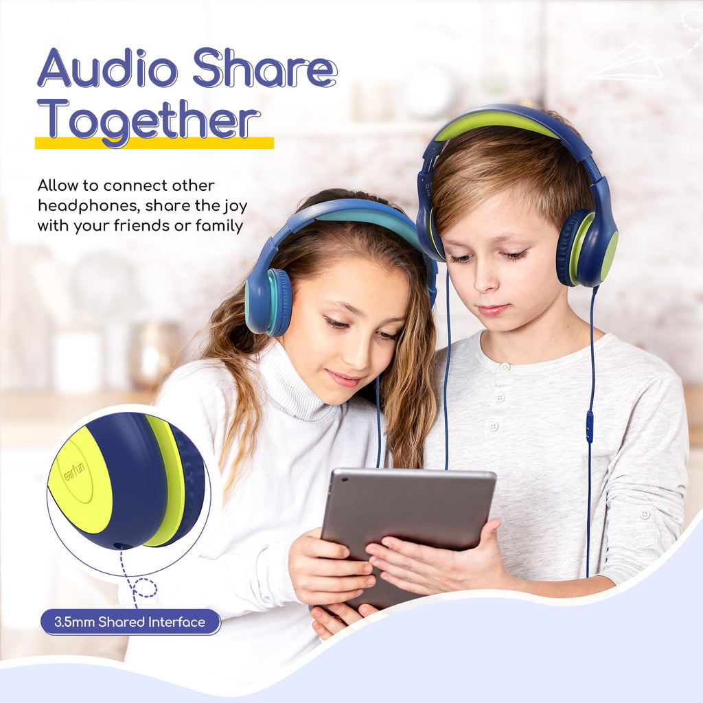 EarFun K1 Kids Headphones Wired with Microphone, 85/94dB Volume Limit Headphones for Kids, Portable Wired Headphone with Shareport, Stereo Sound Foldable Headset for School/Tablet/iPad, Black Red