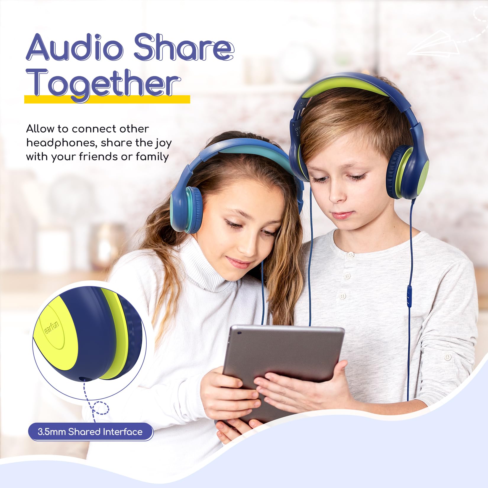 EarFun K1 Kids Headphones Wired with Microphone, 85/94dB Volume Limit Headphones for Kids, Portable Wired Headphone with Shareport, Stereo Sound Foldable Headset for School/Tablet/iPad, Black Red