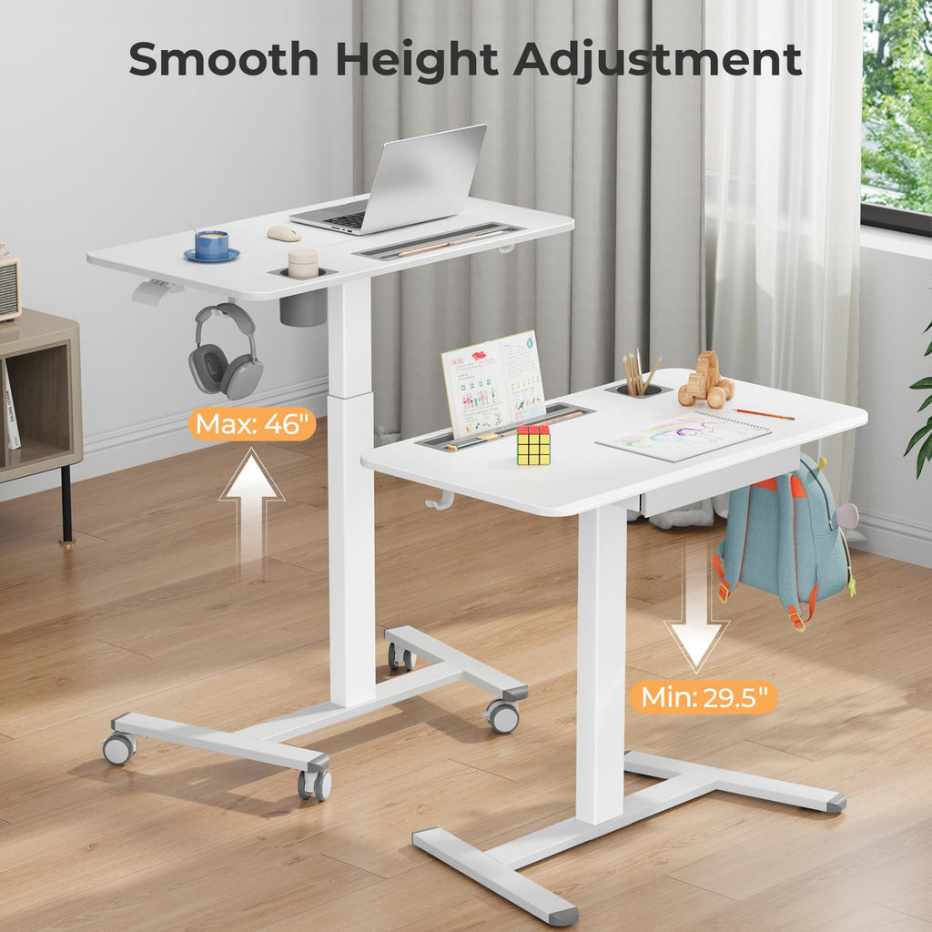 Small Mobile Standing Desk with Drawer, 23.6"x19.7" Rolling Laptop Cart on Wheels, Height Adjustable Sit Stand Computer Workstation with Storage for Compact Space, Black
