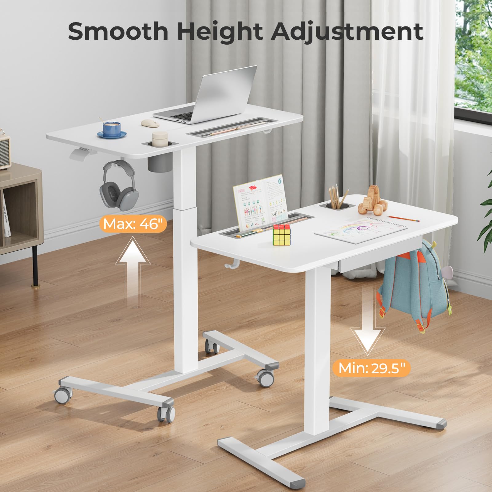 Small Mobile Standing Desk with Drawer, 23.6"x19.7" Rolling Laptop Cart on Wheels, Height Adjustable Sit Stand Computer Workstation with Storage for Compact Space, Black