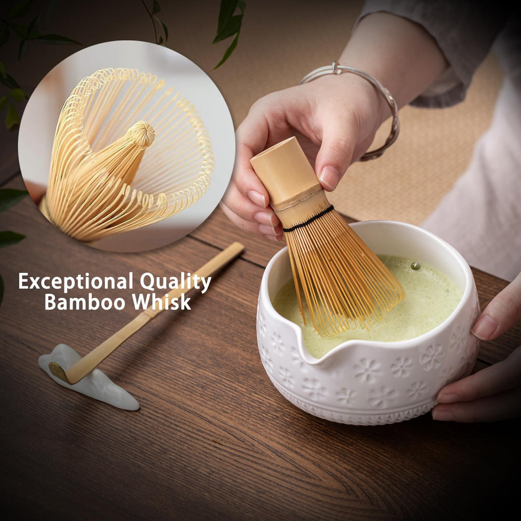 Buucup Matcha Whisk Set, Ceramic Matcha Kit Includes Matcha Bowl, Matcha Whisk and Holder, Bamboo Scoop, Scoop Rest, Sifter and Tea Towel - 7 Pcs Matcha Kit for Matcha Lovers (Blue)