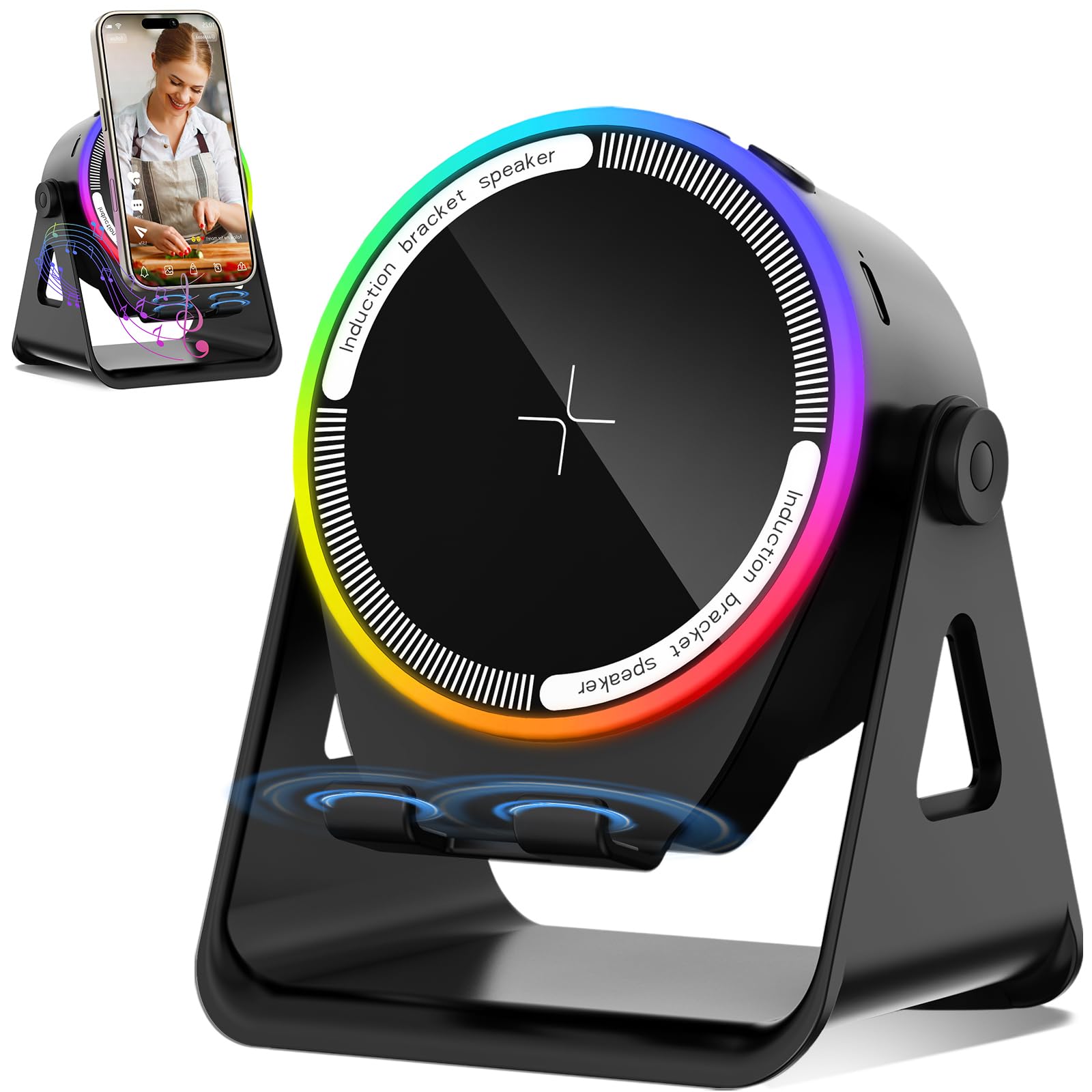Wireless Induction Speaker, 5-in-1 Bluetooth 5.3 Phone Stand with 360° Rotation & RGB Ambient Light - Cool Tech Gadgets Gifts for Men Women Dad Mom - Compatible iPhone/Android/iPad/Samsung (Black)