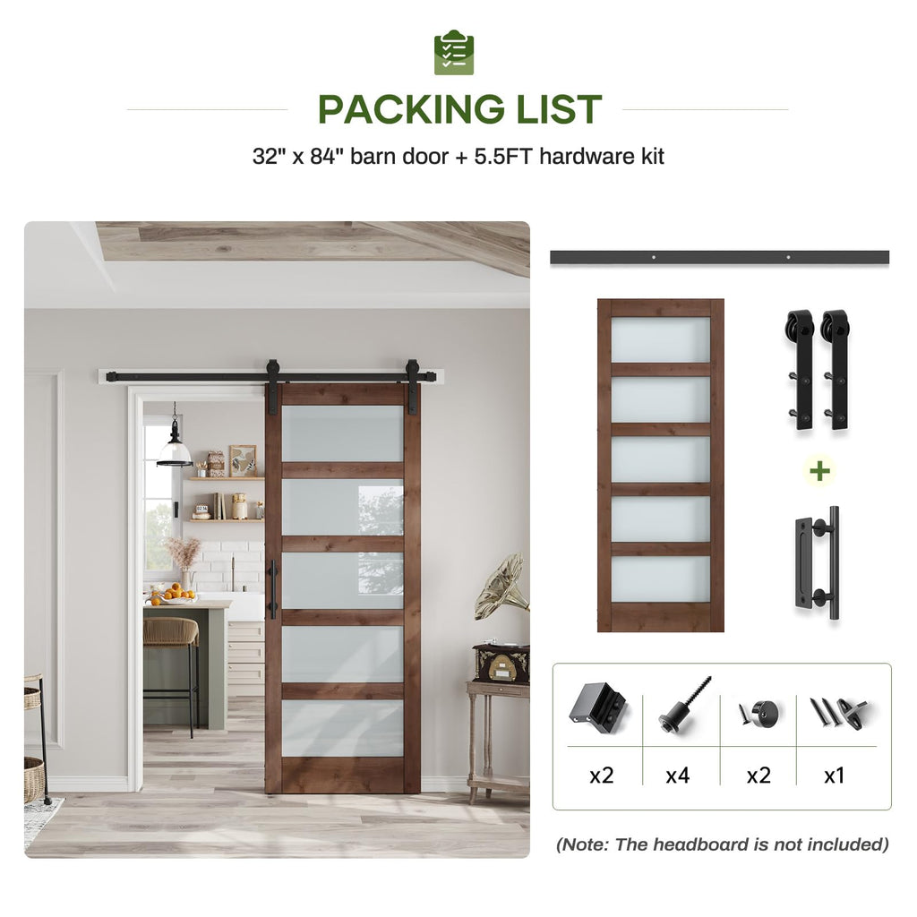 Double 18×84 inch Glass Sliding Barn Door Slab with 6.6ft Hardware Kit Included, 5-Panel Frosted Glass, Spruce Wood Support DIY Dyeing, Easy Assembly