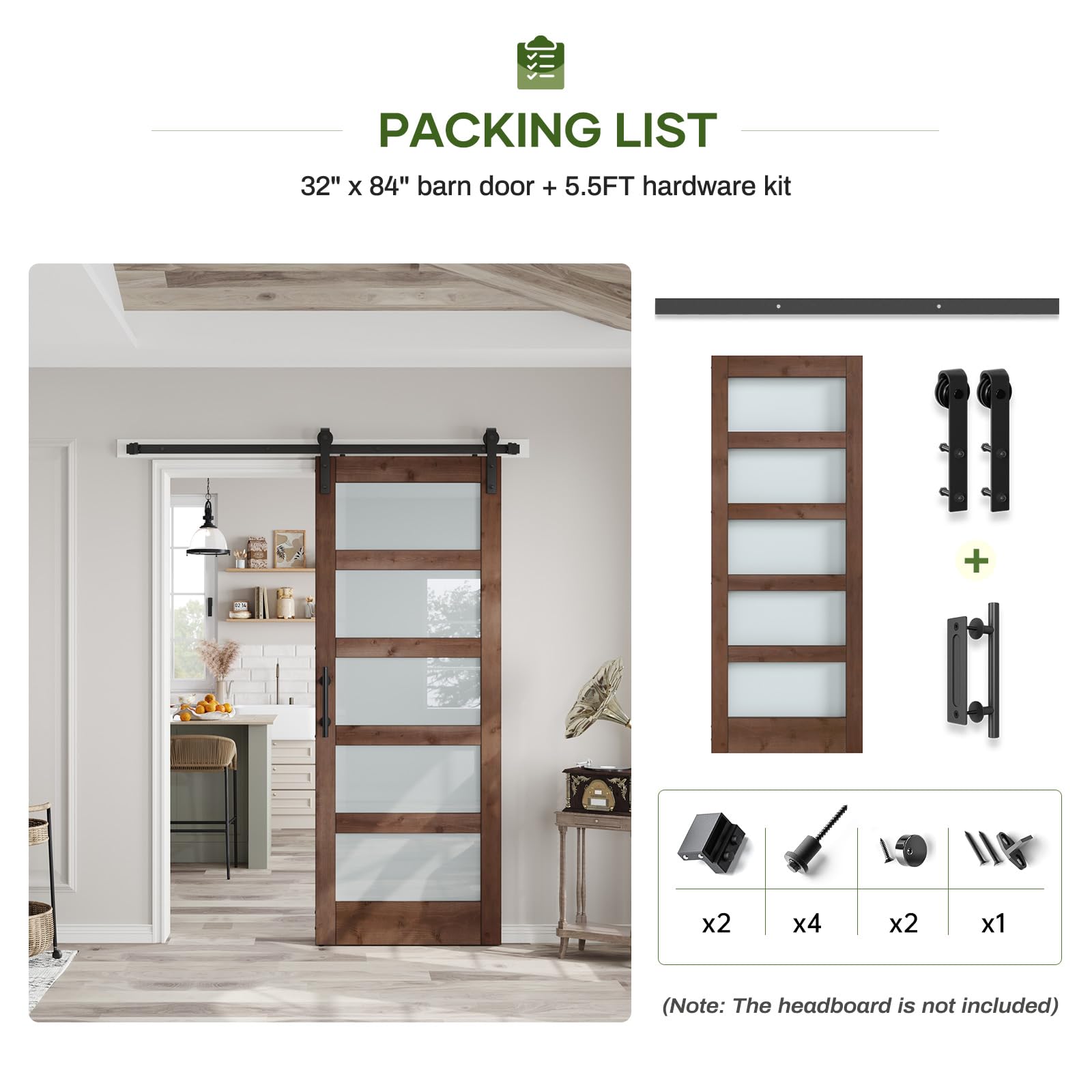 Double 18×84 inch Glass Sliding Barn Door Slab with 6.6ft Hardware Kit Included, 5-Panel Frosted Glass, Spruce Wood Support DIY Dyeing, Easy Assembly
