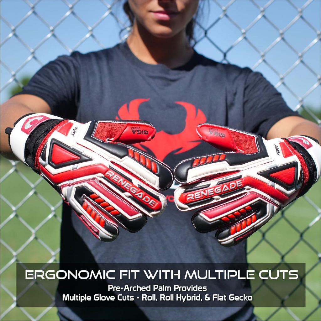 Renegade GK Fury Goalie Gloves with Microbe-Guard - Adult, Youth, Kids (Sizes 6-11) Pro-Tek Fingersaves & 4+3MM Giga Grip | High Performance Pro-Level Goalkeeper Glove | Based in USA