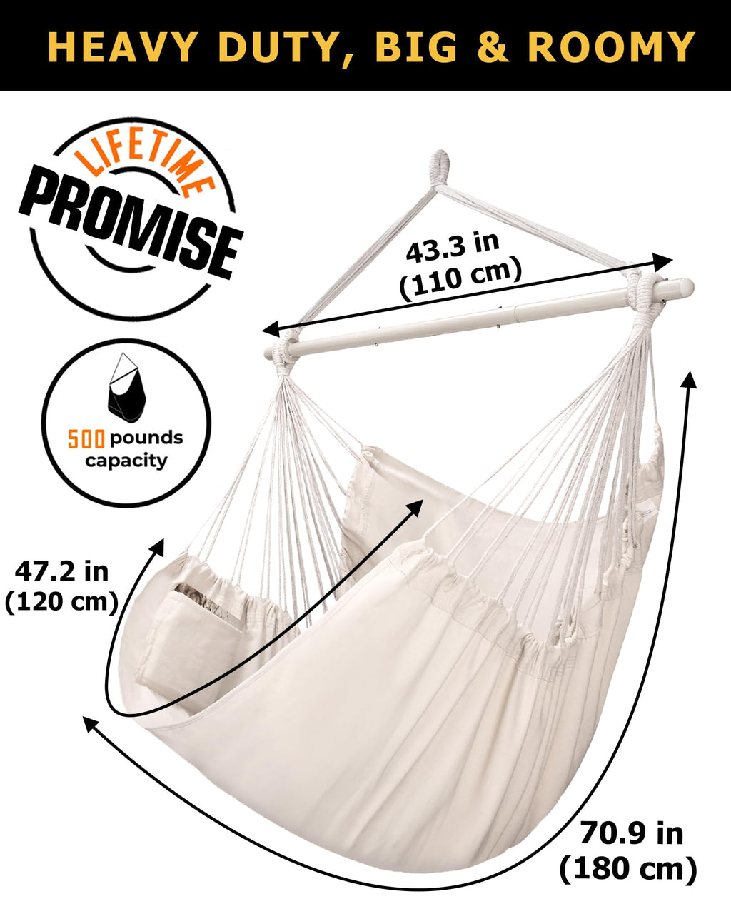 ADVOKAIR Hammock Chair Large 70.9"x47.2", 32% Bigger XXL Hanging Swing Chair with 500lbs Capacity, Heavy Duty Steel Spreader Bar, Extra Roomy Comfort for Adult Indoor Outdoor Bedroom Patio