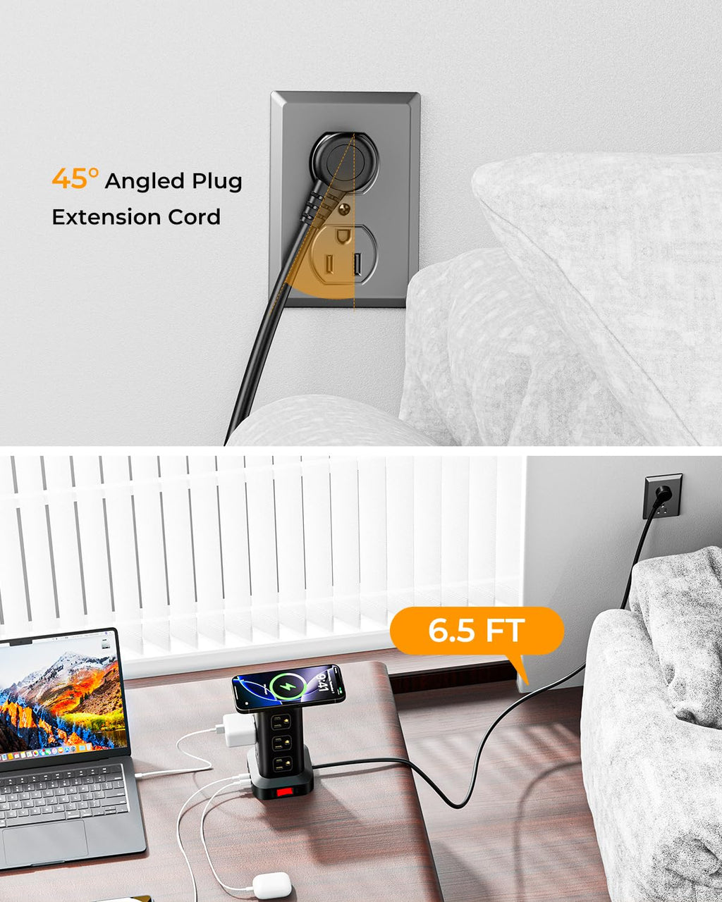 Tower Surge Protector Power Strip with 12 Outlets 4 USB (1 USB C), 6.5Feet Extension Cord with Multiple Outlets, Charging Station, Power Strip Tower, Office Desk Supplies