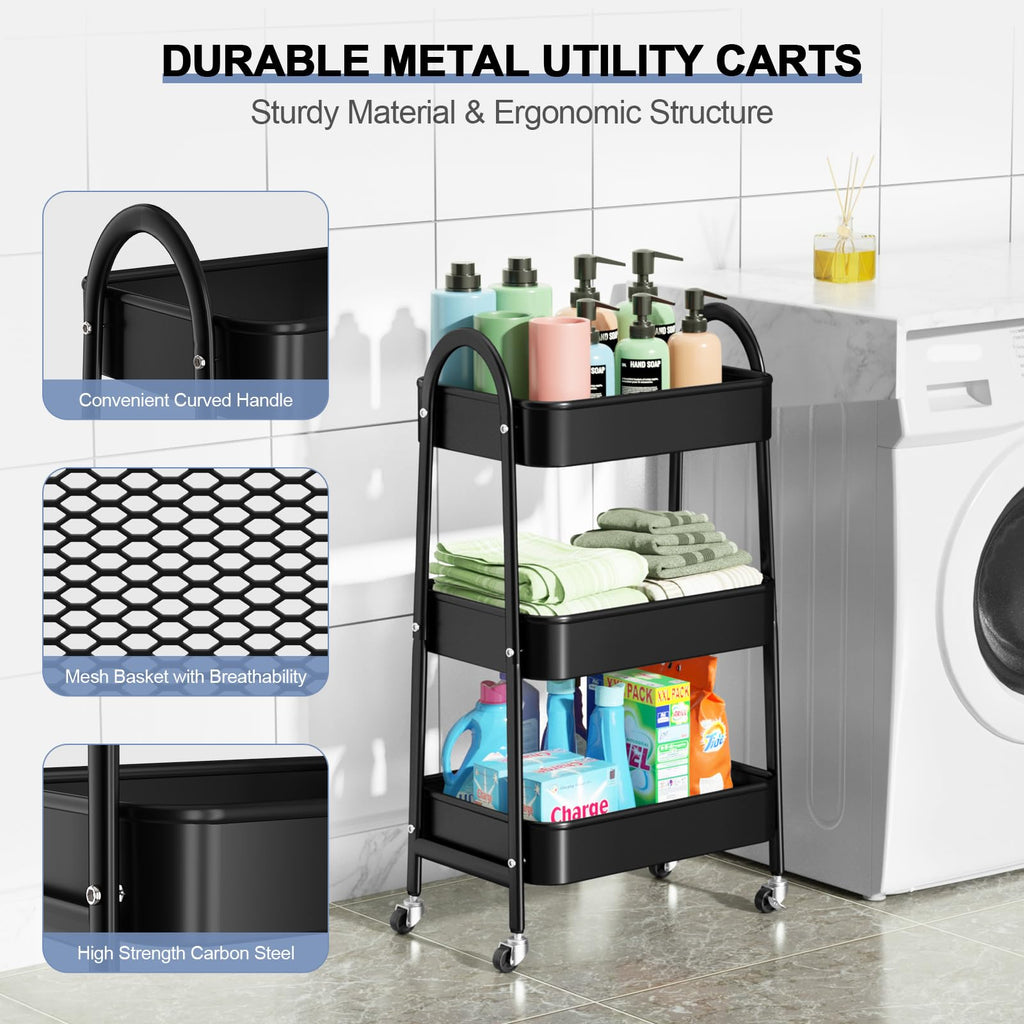 EAGMAK 3 Tier Rolling Cart, Large Metal Storage Cart with Handle and Lockable Wheels, Big Multifunctional Storage Organizer Trolley with Mesh Baskets for Kitchen, Living Room, Office, Garage (Beige)