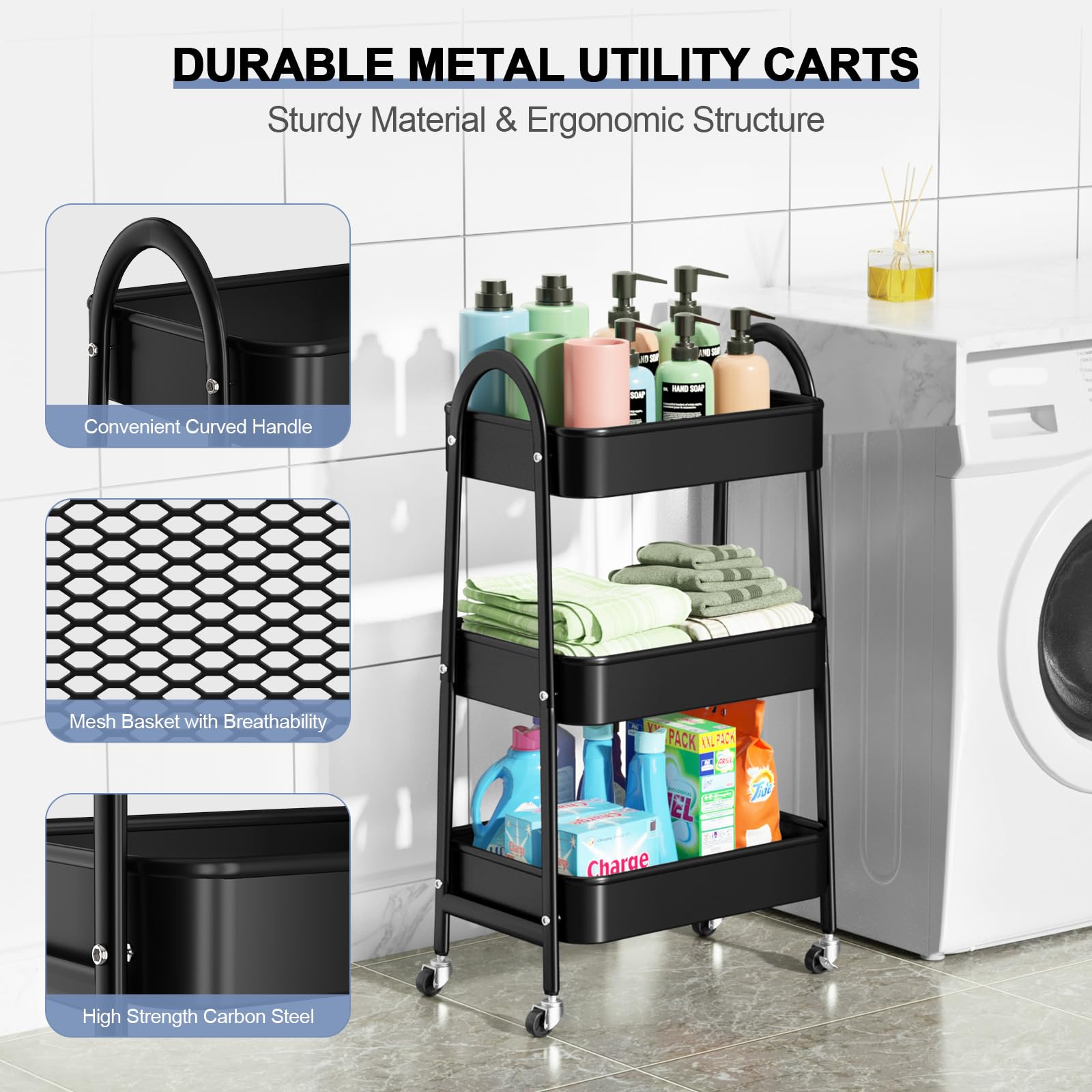 EAGMAK 3 Tier Rolling Cart, Large Metal Storage Cart with Handle and Lockable Wheels, Big Multifunctional Storage Organizer Trolley with Mesh Baskets for Kitchen, Living Room, Office, Garage (Beige)